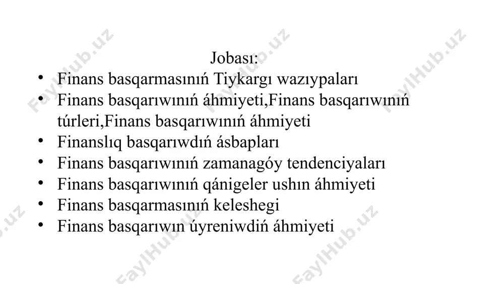 talaplarına beyimlestiriw. 3 dáramatlardı kóbeytiw finans basqarıwı shólkemge óz iskerligin nátiyjeli rejelestiriw, qárejetlerdi optimallastırıw hám dáramatlardı arttırıw imkaniyatın beredi. bul, óz gezeginde, shólkemniń rentabelligin arttırıwǵa hám uzaq múddetli turaqlılıqtı támiyinlewge járdem beredi. finanslıq qáwiplerdi azaytıw finanslıq basqarıw shólkemdi finanslıq qáwiplerge tayar bolıwǵa, olardı anıqlawǵa hám aldın alıwǵa járdem beredi. bul qáwipler kredit qáwipi, bazar qáwipi, operacion qáwip hám basqalardı óz ishine aladı. klientlerdi tartıw hám saqlap qalıw finans basqarıwı shólkemge klientlerge sapalı ónimler hám xızmetler usınıw, bahalardı optimallastırıw hám klientlerge jaqsı xızmet kórsetiwdi támiyinlewge járdem beredi. bul qarıydarlardı tartıw hám olardı saqlap qalıwda áhmietli rol oynaydı. finans basqarıwınıń áhmiyeti 4 finans basqarıwınıń túrleri túr túsindirme finanslıq rejelestiriw keleshektegi finanslıq maqsetlerdi anıqlaw, olarǵa erisiw ushın strategiyanı islep shıǵıw hám finanslıq resurslardı bólistiriw. qárejetlerdi basqarıw qárejetlerdi tallaw, qadaǵalaw hám optimallastırıw, qárejetlerdi azaytıw hám nátiyjelilikti arttırıw. dáramatlardı basqarıw dáramatlardı arttırıw strategiyasın islep shıǵıw, jańa dáramat dáreklerin tabıw hám dáramat alıwdı optimallastırıw. finanslıq talqılaw …
