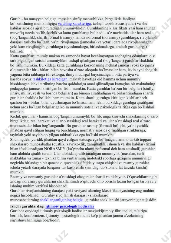 ishchilar xx asrning boshlarida xorij kapitaliga va mahalliy boylarga qarashli kichik korxonalarda yollanib ishlagan mardikorlar, chorakorlar, kambagʻal dehqonlar va ishi yurishmagan hunarmandlar hisobidan shakllana boshladi. shoʻrolar davrida sanoatning rivojlanishi bilan ishchilar soni koʻpaydi, lekin bu jarayon, asosan, kelgindi ishchilar hisobiga yuz berdi. milliy ishchilar agrar sohada band boʻlib, asosan, davlat xoʻjaliklari (sovxozlar) da ishlagan. oʻzbekiston mustaqillikka erishgandan keyin sanoatning rivojlanishi malakali milliy ishchi kadrlarga ehtiyojni kuchaytirdi. kadrlar tayyorlash milliy dasturida kasbhunar taʼlim tizimi orqali malakali ishchilar tayyorlashga alohida eʼtibor berilgan. respublikada sanoatning rivojlanishiga qarab ishchilarning mehnatchilar tarkibidagi salmogʻi asta-sekin oshib bormoqda. guruh - bu muayyan belgiga, masalan,sinfiy mansublikka, birgalikda faoliyat ko`rsatishning mumkinligiga va uning xarakteriga, tashqil topish xususiyatlari va shu kabilar asosida ajralib turadigan umumiylikdir. guruhlarning klassifikatsiyasi ham shunga muvofiq tarzda bo`lib, kichik va katta guruhlarga bulinadi - o`z navbatida ular ham real (bog’langanlik), shartli formal (rasmiy) hamda noformal (norasmiy) guruhlarga, rivojlanish darajasi turlicha bo`lgan, ya’ni rivojlangan (jamoalar) va yetarli …