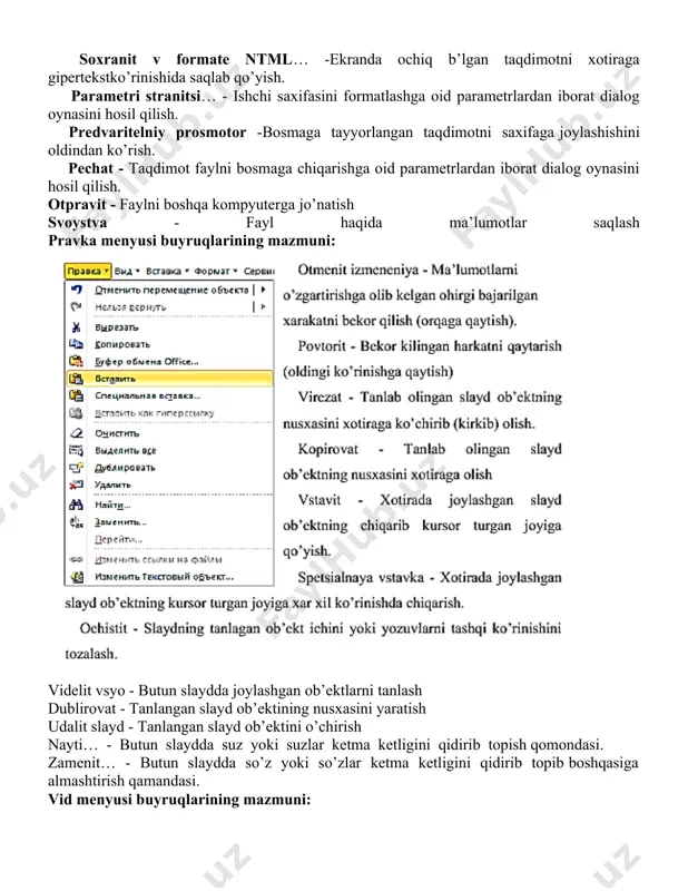el dasturlari interfeysi kabi power point interfeysi ham sarlavhalar satri, menyular satri, uskunalar paneli va ishchi maydoniga ega. menyular satri slaydlarni ko’rsatish (pokaz slaydov) bo’limi bilan farqlanadi. power point dasturi interfeysining boshqa dasturlar interfeysidan yana bir farqi power point muloqot oynasining mavjudligidir. muloqot oynasida taqdimot ishlarida yordam beradigan maslahatlar berilgan. microsoft power point dasturining menyusi. power point taqdimotlar muxarririning menyusi oynani yuqori qismida joylashgan bo’lib u 8 bo’limdan iborat: fayl, pravka, vid, vstavka, format, servis, tablitsa va okno. bu bulimlar yordamida biz taqdimot, slayd va ularda joylashgan xar xil matn, rasm hamda boshqa istalgan ob’ektlar ustidan xar xil amallarni bajarishimiz mumkin. endi bu bo’limlar bilan yaqinroq tanishaylik. fayl menyusi buyruqlarining mazmuni: soxranit v formate ntml… -ekranda ochiq b’lgan taqdimotni xotiraga gipertekstko’rinishida saqlab qo’yish. parametri stranitsi… - ishchi saxifasini formatlashga oid parametrlardan iborat dialog oynasini hosil qilish. predvaritelniy prosmotor -bosmaga tayyorlangan taqdimotni saxifaga joylashishini oldindan ko’rish. pechat - taqdimot faylni bosmaga …