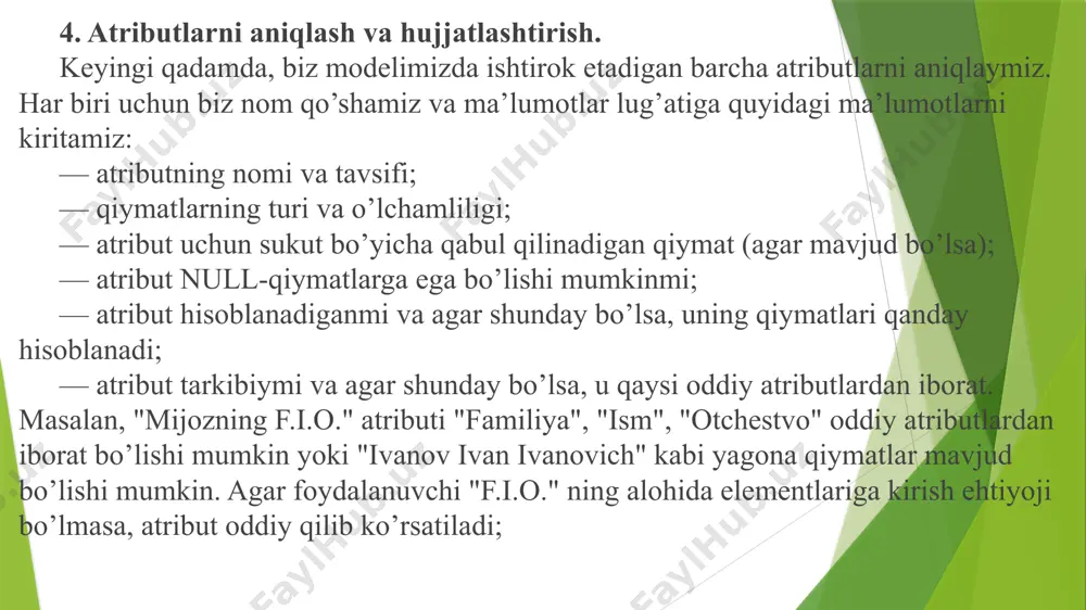 ari tomonidan cheklanishi mumkin. ularni amalga oshirish usuli tanlangan dbmsga bog’liq. har bir tizimning o’ziga xos imkoniyatlari mavjud. ba’zi tizimlarda umuman biznes qoidalarini qo’llab-quvvatlash mavjud emas. bunday holda, cheklovlarni amalga oshirish uchun ilovalar ishlab chiqiladi. biznes mantiqasi bilan bog’liq barcha qarorlar qo’shimcha hujjatlarda tavsiflanadi. 3. ma’lumotlar bazasining fizika tashkilotini loyihalash. bu yerda biz jadvallar uchun eng yaxshi fayl tashkilotini tanlaymiz. tranzaksiyalarni aniqlab, eng muhimlarini ajratib ko’rsatamiz, shuningdek, ularning o’tkazuvchanligini tahlil qilamiz, ya’ni kutish vaqti, tranzaksiyalarni bajarish oralig’i va hokazo. albatta, biz javob berish tezligini oshirishga harakat qilamiz (ya’ni, javob uchun sekunt sonini qisqartirishga). agar zarurat bo’lsa, indekslarni qo’shish, normallashuv darajasini pasaytirish yoki ma’lumotlar bazasiga ta’sir ko’rsatadigan boshqa ishlashni optimallashtirish operatsiyalari amalga oshiriladi. muhim ishlar orasida, ma’lumotlar bazasi uchun zarur bo’lgan disk xotirasi hajmini baholash ham unutilmasligi kerak. image1.png image2.png /docprops/thumbnail.jpeg