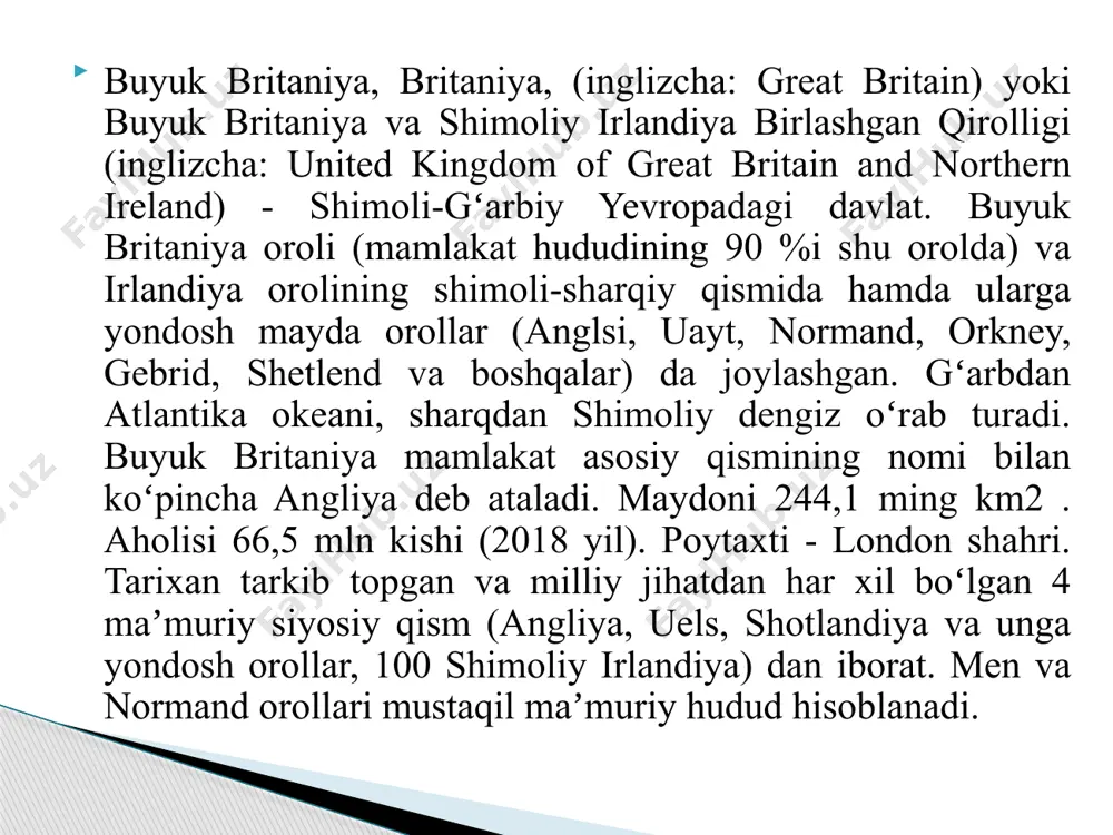 imolida chimli podzol tuproq, sharqiy sohilda va janubida qoʻngʻir oʻrmon, ayrim yerlarda chimli, karbonatli va unumdor allyuvial tuproqdar tarqalgan. shimolida tayga va aralash oʻrmonlar (qaragʻay, dub, oq qayin), janubida keng bargli oʻrmonlar (dub, grab, shumtol) o`sadi. oʻrmonlar buyuk britaniya maydonining 9 % ida qolgan. oʻtloqlar hamma joyda uchraydi. togʻlarning yuqori mintaqalarida togʻ oʻtloqlari va torfzorlar bor. oʻrmonlarda hayvonlar juda kam. ochiq joylarda tulki, quyon, olmaxon, tipratikan, yer qazuvchi har xil sut emizuvchilar uchraydi. qushlardan yovvoyi kaptar, shotland kakligi, oʻrdak, qizilishton, karqur va boshqa bor. milliy bogʻlar, oʻrmon qoʻriqxonalari mavjud. buyuk britaniya konstitutsion monarxiya. davlat boshligʻi qirol (qirolicha). mamlakatning konstitutsiyasi yoʻq. 1215 yilgi ulugʻ erkinliklar partiyasi, 1679-yilgi xabeas korpus akti, 1931-yilgi vestminster statusida, 1969- yilgi xalq vakilligi toʻgʻrisidagi akt va boshqa eng muhim parlament hujjatlari hisoblanadi. qonun chiqaruvchi hokimiyatni qirol (qirolicha) va parlament (u ikki palatadan iborat: lordlar palatasi va jamoalar palatasi), ijrochi hokimiyatni bosh vazir boshchiligidagi hukumat (vazirlar mahkamasi) amalga …