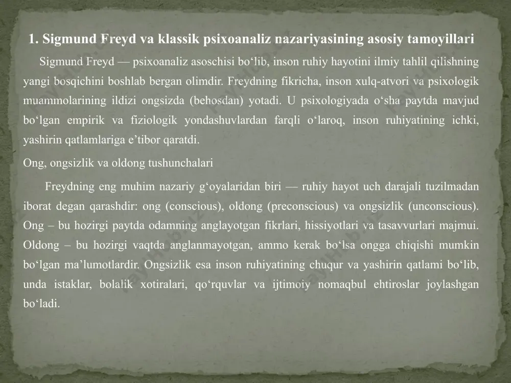 hayot uslubi bolalikda shakllanadi. ijtimoiy manfaat – inson o‘zini faqat shaxs sifatida emas, balki jamiyatning bir a’zosi sifatida his qilishi zarur. adler terapiyada insonning ijtimoiy roli, o‘zini qadrlashi va kelajakka bo‘lgan maqsadlariga urg‘u berishni muhim hisoblagan. erik erikson va psixososial rivojlanish nazariyasi erik erikson — freydning ta’siri ostida rivojlangan bo‘lsa-da, inson rivojlanishini faqat bolalik bilan cheklab qo‘ymadi. u hayotni bosqichma-bosqich rivojlanadigan jarayon sifatida tushundi va 8 bosqichli psixososial rivojlanish nazariyasini yaratdi. har bir bosqichda inson muayyan ijtimoiy va psixologik inqirozni (krizisni) boshdan kechiradi: ishonch – ishonchsizlik (0–1 yosh) mustaqillik – shubha (1–3 yosh) tashabbus – aybdorlik (3–6 yosh) mehnatsevarlik – pastlik hissi (6–12 yosh) shaxsiylik – rol chalkashligi (o‘smirlik) yaqinlik – izolyatsiya (yoshlar davri) hosildorlik – befoydalik (o‘rta yosh) butunlik – umidsizlik (qarilik) eriksonning yondashuvi shundaki, har bir bosqichda muvaffaqiyatli rivojlanish — sog‘lom shaxsni shakllantiradi. u inson ruhiy holatini tushunishda ijtimoiy munosabatlar, madaniyat va tarixiy sharoitlarning o‘rnini alohida ta’kidladi. 3. …