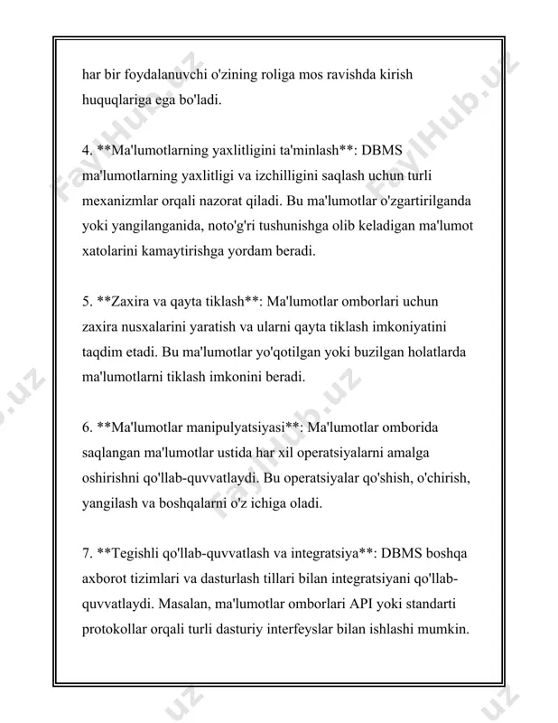 anatory (birinchi miqdoriy, keyin sifatli) - sequential exploratory (birinchi sifatli, keyin miqdoriy) har bir usulning o‘ziga xos afzallik va kamchiliklari bor va tanlov amalga oshirilayotgan tadqiqotning xususiyatlariga bog‘liq. 4. **ma'lumotlar to'plash jarayonida e'tibor beriladigan jihatlar** - **ishonchlilik**: tahlil qilinayotgan ma'lumotlar ishonchli manbalardan kelishi kerak. - **validlik**: yig'ilgan ma'lumotlar tadqiqotning maqsadlariga muvofiq bo'lishi kerak. - **maxfiylik**: respondentlar va ularning javoblari to'liq maxfiy saqlanishi zarur. 5. **ma'lumotlarni tahlil qilish usullari** - statistik tahlillar (spss, sas, r kabi dasturlar yordamida) - matn tahlili (nvivo, atlas.ti kabi dasturlar yordamida) - vizualizatsiya (tableau, power bi kabi vositalar yordamida) yuqoridagi usullar va yondashuvlar, ma'lumot yig'ishni aniqlash va to'plashda muhim ahamiyatga ega bo‘lgan usullardan eng keng qo‘llaniladiganlaridir. ma'lumotlarning aniq va ishonchli bo'lishi, tadqiqot natijalari muvaffaqiyatini ta'minlashda hal qiluvchi o‘rin tutadi. 3. ma'lumotlarni tozalash va ishlov berish ma'lumotlarni tozalash va ishlov berish jarayonlari birinchi navbatda murakkab va chuqur tushunchalarni talab qiladigan muhim masalalardan biri hisoblanadi. bu jarayonlar ma'lumot …