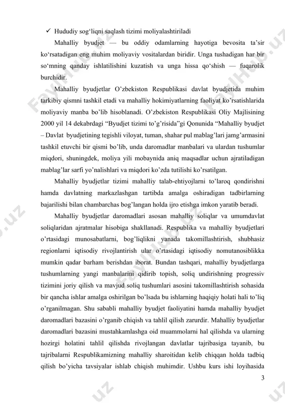 gan davlatlar tajribasiga tayanib, bu tajribalarni respublikamizning mahalliy sharoitidan kelib chiqqan holda tadbiq qilish bo’yicha tavsiyalar ishlab chiqish muhimdir. ushbu kurs ishi loyihasida mahalliy byudjetlar daromadlarning amaldagi bo’linish tamoyillarini o’rganish va mahalliy byudjetlarni tartibga solish amaliyoti yuzasidan tegishli takliflar kiritish, amaliyotda qo’llanilayotgan soliqlar, mahalliy byudjetga tushadigan soliqlar turini kamaytirish asosida yangi soliq bazalarini yaratish yo’llarni aniqlash va boshqa masalalar ko’rib chiqildi. byudjet daromadlarini shakllantirishda mahalliy soliqlar rolini oshirishning asosiy yo’nalishlaridan biri sifatida ularning shu jarayondagi salmog’ini oshirish e’tirof etilgan va unga, bir tomondan, soliqqa tortish bazasini kengaytirish va ikkinchi tomondan, tegishli mahalliy soliqlarning stavkalarini o’zgartirish orqali erishish ko’zda tutilgan ekan, to’g’risini aytganda, unga osonlikcha o’z-o’zidan erishib bo’lmaydi. bu ancha murakkab bo’lgan yo’nalish hisoblanib, uning muvaffaqiyatli amalga oshirilishi, ko’p jihatdan, byudjet va soliq to’lovchilar manfaatlarining mushtarakligiga bog’liq. ana shunday mushtaraklilikka erishilmas ekan, byudjet daromadlarini shakllantirishda mahalliy soliqlar rolini oshirishning birinchi yo’nalishi o’z samarasini ko’zlanganidek bera olmaydi. bunday sharoitda, albatta, ushbu maqsadga …