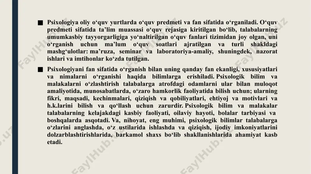, uchinchidan, psixologiyaning o‘ziga xosligi uning noyob amaliy oqibatlarga ega bo‘lishidir. axir biror narsani anglash – uni egallab, boshqarishni o‘rganishdan iborat. insonning o‘zida kechayotgan psixik jarayonlar, ularning vazifalari, qobiliyatlarini boshqarishni o‘rganish, misol uchun, koinotni zabt etishdan ko‘ra o‘ta murakkab va muhim vazifa bo‘lib hisoblanadi. bunda inson o‘zini anglab borgani sayin o‘zini va atrofidagilarni o‘zgartirib borishini alohida ta’kidlab o‘tish lozim. shuning uchun, psixologiya – insonni faqatgina anglovchi emas, balki uni yaratuvchi fan. biz har qanday fanni ikki katta asosiy guruhlarga bo’lishimiz mumkin: positiv fanlar va normativ fanlar. fizik va hayotiy fanlar positiv fanlar deb atalishiga qaramasdan, logika, falsafa va etika kabi fanlar tabiy fanlar kategoriyasiga kiradi. normativ fanlarni positive fanlar bilan taqqoslasak, positive fanlar faktlarni o’rganadi, “nima?”ligini tasvirlaydi va “nima bo’lishi kerak” degan savollarga javob beradi. psixologiya hech qanday shubhasiz positive fanlar guruhiga kirib ketadi. psixologiyaning vazifalari asosan, quyidagilardan iborat: - psixik hodisalarning mohiyatini va ularning qonuniyatlarini anglashni o‘rganish; - ularni …