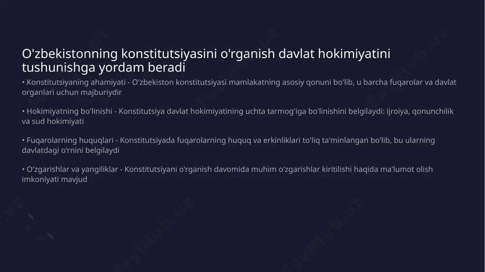 uchun platformalar yaratish zarur • boshqaruvning shaffofligi - platformalar orqali hokimiyat organlarining faoliyatini oshkor qilish shaffoflikni ta'minlaydi va fuqarolarning ishonchini kuchaytiradi • fuqarolar ishtirokini kengaytirish - online platformalar fuqarolarni muammolarni hal etishda faol ishtirok etishga undaydi hamda ularning fikrlarini hisobga olish imkonini beradi davlat hokimiyatini xalqaro standartlarga moslashtirish zarur • xalqaro tajribalar - dunyo bo'ylab davlat hokimiyati tizimlarining samaradorligi xalqaro standartlarga muvofiq shakllangandir. • transparensiya va hisobdorlik - davlat hokimiyatini xalqaro standartlarga moslashtirish, ochiqlik va hisobdorlikni ta'minlaydi. • qonunchilikni takomillashtirish - xalqaro me'yorlar asosida qonunchilikni yangilash, demokratik jarayonlarni rivojlantiradi. • fuqarolar ishtiroki - xalqaro standartlar fuqarolarning hokimiyat ishlarida ishtirokini kengaytirishga xizmat qiladi. davlat hokimiyati faoliyatini baholash uchun ko'rsatkichlar belgilash lozim • sifat ko'rsatkichlari - davlat hokimiyati faoliyatidagi sifat ko'rsatkichlari muhim ahamiyatga ega. bular mamlakatdagi ijtimoiy xavfsizlik, ta'lim, sog'liqni saqlash va iqtisodiy barqarorlik kabi sohalarda dastlabki o'lchovlardir. • samara va samaradorlik - davlat boshqaruvi samaradorligini baholash uchun samaradorlik ko'rsatkichlari o'rnatish lozim. …