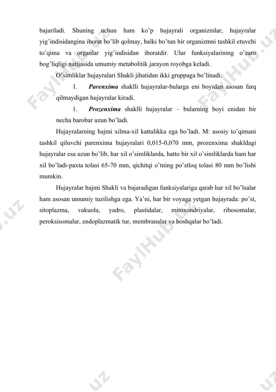 i. sellyuloza moddalari har xil uzunlikka ega bo’lgan zanjirsimon misellalardan tuzilgan. hujayra po’sti asosan ichkaridan yo’g’onlashadi. elektron mikroskopda olib borilgan tekshirishlarning ko’rsatishicha hujayra po’sti to’rsimon tuzilishga ega bo’lib, uch qavatdan iboratdir. ichki birlamchi qavat asta-sekin yo’g’onlashish xususiyatiga ega. buning natijasida o’rta ikkilamchi qavat hosil bo’ladi. ikkilamchi qavat esa o’z navbatida s1,s2 va s3 qavatlaridan iborat bo’ladi. tashqi qavat uchlamchi qavat deyiladi. hujayra po’sti orqali suv va suvda erigan kichik molekulali moddalar erkin qarshiliksiz o’tib, plazmolemma sathiga boradi. lekin, hujayra po’sti tarkibida lignin, suberin moddalari ko’payganidan va kutikula qavati qalinlashganidan keyin eritmalarning diffuziyasi cheklana boshlaydi. hujayra membranasi. protoplastni tashqi tomondan o’rab turuvchi membrana (plazmalemma qavati) – hujayra membranasi deb yuritiladi. u yarim o’tkazgich xususiyatiga ega bo’lib, o’zi orqali suvni bemalol o’tkazadi. lekin suvda erigan moddalar uchun yuqori darajada tanlab o’tkazuvchi barer vazifasini bajaradi. ayniqsa har xil ionlar va molekulalarning energetik va osmotik gradiyentga nisbatan erkin harakatida barerlik vazifasini bajaradi. bundan tashqari …