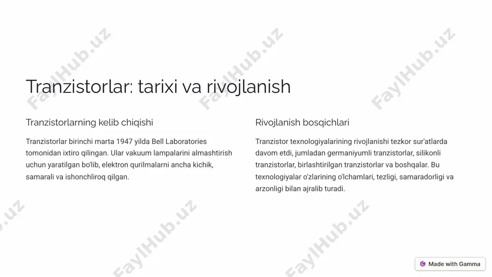 rlar kichik oqim signalini kuchaytirish uchun ishlatiladi. bu ularni audio kuchaytirgichlar, radiolar, televizorlar va boshqa ko'plab elektron qurilmalarda qo'llash imkonini beradi. 2 oã�³µ� b¾ì�ãaä�ì� tranzistorlar elektr oqimini boshqarish uchun ishlatiladi, masalan, o'chirish va yoqish, oqimni yo'naltirish va boshqalar. bu ularni elektron o'tkazgichlar, datchiklar, relaylar va boshqa qurilmalarda qo'llash imkonini beradi. 3 s��µa«µ� ãa�øa �ì�«aì� tranzistorlar signalni qayta ishlashda, masalan, analog-raqamli o'zgartirishda, raqamli signalni qayta ishlashda va boshqa jarayonlarda keng qo'llaniladi. https://gamma.app/?utm_source=made-with-gamma oápäaøì�¾µ ¨�c�a�ø�ä��c�«aä �a �«aäµ�µ� ã¾'««aµ�«�ì�� 1 aµa«¾� ì��µa«µ� ãa�øa �ì�«aì� operatsion kuchaytirgichlar analog signalni qayta ishlashda keng qo'llaniladi, masalan, audio kuchaytirgichlar, filtrlar, signal generatorlar va boshqalar. 2 raãa³«� ì��µa«µ� ãa�øa �ì�«aì� ular raqamli signallarni qayta ishlashda ham ishlatiladi, masalan, analog-raqamli o'zgartiruvchilar, raqamli filtrlar, raqamli o'yinlar va boshqalar. 3 daøc��¨«aä operatsion kuchaytirgichlar turli xil datchiklardan chiqadigan signalni kuchaytirish va qayta ishlash uchun ishlatiladi, masalan, harorat, bosim, yorug'lik va boshqa datchiklar. https://gamma.app/?utm_source=made-with-gamma raqamli integrallashgan sxemalar: tuzilishi va funksiyalari mantiq darvozalari raqamli …