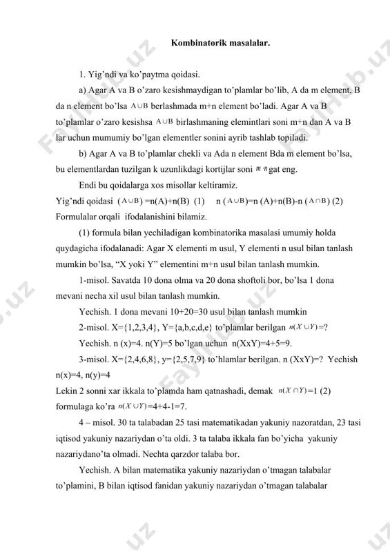 =30 usul bilan tanlash mumkin 2-misol. x={1,2,3,4}, y={a,b,c,d,e} to’plamlar berilgan =? yechish. n (x)=4. n(y)=5 bo’lgan uchun n(xxy)=4+5=9. 3-misol. x={2,4,6,8}, y={2,5,7,9} to’hlamlar berilgan. n (xxy)=? yechish n(x)=4, n(y)=4 lekin 2 sonni xar ikkala to’plamda ham qatnashadi, demak =1 (2) formulaga ko’ra =4+4-1=7. 4 – misol. 30 ta talabadan 25 tasi matematikadan yakuniy nazoratdan, 23 tasi iqtisod yakuniy nazariydan o’ta oldi. 3 ta talaba ikkala fan bo’yicha yakuniy nazariydano’ta olmadi. nechta qarzdor talaba bor. yechish. a bilan matematika yakuniy nazariydan o’tmagan talabalar to’plamini, b bilan iqtisod fanidan yakuniy nazariydan o’tmagan talabalar to’plamini belgilaymiz. u holda n(a) = 30–25=5, n(b)=30-23=7 n( )=3, n( )=5+7-3=9. demak, 9 ta qarzdor talaba bor. bizga ma’lumki ko’paytma qoidasi n(axb)=n(a) (3) ko’rinishda yoziladi. ko’payutma qoidasiga oid kombinatorika masalasi quyidagicha ko’rinishda bo’ladi. “agar x elementini m usul, y elementini n usul bilan tanlash mumkin bo’lsa, (x;y) tartiblangan juftlikni usul bilan tanlash mumkin” 5-misol. a qishloqdan b qishloqqa 5 …