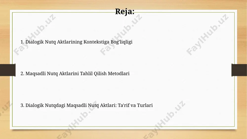 i maqsadli nutq aktlari ta'rifi maqsadli nutq aktlarining samaradorligi, 5 ta asosiy parametr - aniqlik, tushunarlilik, moslik, oʻz vaqtida bajarilish va samimiylik asosida baholanadi. maqsadli nutq aktlari dialogik nutq doirasida 2-3 qatnashchining oʻzaro munosabatlari orqali ma’lum bir natijaga erishish uchun moʻljallangan boʻlib, kontekstga bogʻliq ravishda talqin qilinadi. nutq aktlarining klassifikatsiyasi nutq aktlarining illokutiv kuchiga ko'ra 5 ta asosiy turga: deklarativ, representativ, komissiv, direktiv va ekspressiv bo'linishi mumkin. perlokutiv effektlar – tinglovchida yuzaga keluvchi ta'sirlar nutq aktining muvaffaqiyatini baholashda muhim rol o'ynaydi, masalan, 10 ta mumkin bo'lgan ta'sirlarning 7 tasi amalga oshishi mumkin. til birliklarining rol va vazifalari til birliklarining o'zaro bog'liqligi dialogik nutqda 3 dan ortiq ma'no va funksiyani ifoda etish imkonini beradi, jumladan, so'rov, buyruq va tasdiqlash kabi turli nutq harakatlarini amalga oshiradi. gap bo'laklarining tartibi va intonatsiya kabi til birliklari, dialogda kamida 5 xil nutq harakatini aniqlashtirishda muhim rol o'ynab, ma'noni aniqlashtiradi. misol va tahlillar tahlilda, nutq harakatlarining …