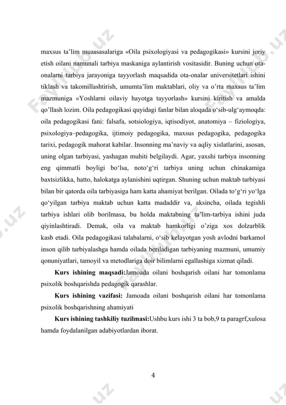 aktabning ta’lim-tarbiya ishini juda qiyinlashtiradi. demak, oila va maktab hamkorligi o’ziga xos dolzarblik kasb etadi. oila pedagogikasi talabalarni, o‘sib kelayotgan yosh avlodni barkamol inson qilib tarbiyalashga hamda oilada beriladigan tarbiyaning mazmuni, umumiy qonuniyatlari, tamoyil va metodlariga doir bilimlarni egallashiga xizmat qiladi. kurs ishining maqsadi:jamoada oilani boshqarish oilani har tomonlama psixolik boshqarishda pedagogik qarashlar. kurs ishining vazifasi: jamoada oilani boshqarish oilani har tomonlama psixolik boshqarishning ahamiyati kurs ishining tashkiliy tuzilmasi:ushbu kurs ishi 3 ta bob,9 ta paragrf,xulosa hamda foydalanilgan adabiyotlardan iborat. jamoa haqida tushunchasi va uning mohiyati. 1.1. jamoa haqida tushuncha, uning xususiyatlari va vazifalari. jamoa (lotincha «kollektivus» so‘zining tarjimasi bo‘lib, yig‘ilma, omma, birgalikdagi majlis, birlashma, guruh) bir necha a’zo (kishi)lardan iborat bo‘lib, ijtimoiy ahamiyatga ega umumiy maqsad asosida tashkil topgan guruh demakdir. turkiyzabon xalqlarda, jumladan o‘zbeklarda jamoa azaldan ijtimoiy birlikni anglatib kelgan. odamlarning jamoa bo‘lib yashashi zaruriyatini suqrot, platon, aristotel, markaziy osiyo mutafakkirlari forobiy, beruniy, ibn sino, ulug‘bek, alisher navoiy …