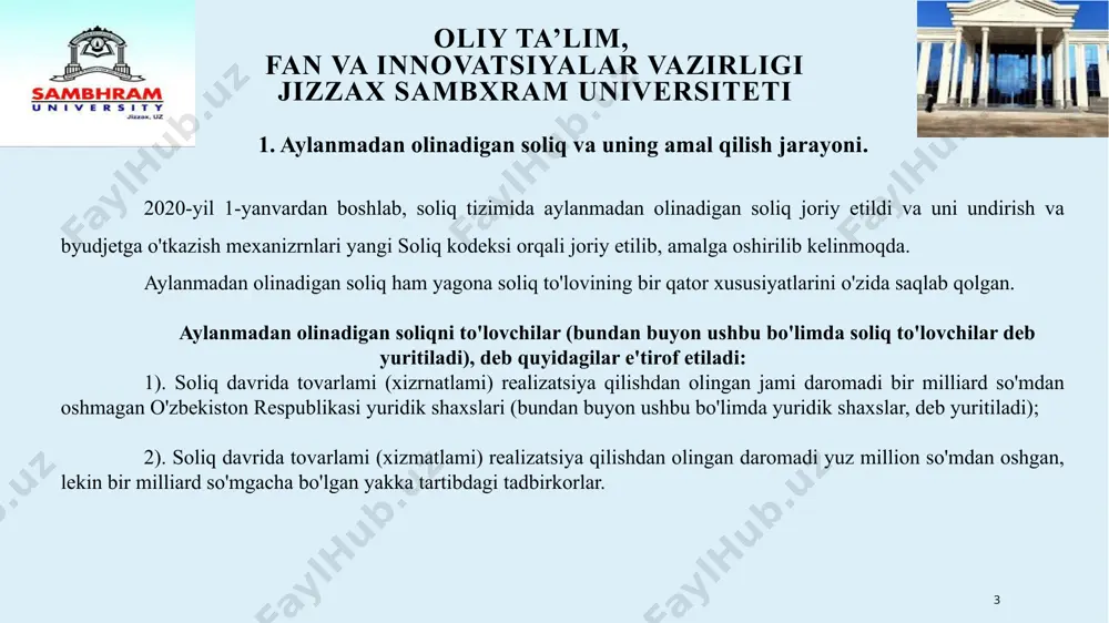 iq to'lovchilar, shu jumladan, yangi tashkil etilgan yuridik shaxslar va yangi ro'yxatdan o'tgan yakka tartibdagi tadbirkorlar bunday oshish ro'y bergan oydan keyingi oyning birinchi sanasidan boshlab qo'shilgan qiymat solig'i va foyda solig'ini to'lashga o'tadi. 7 oliy ta’lim, fan va innovatsiyalar vazirligi jizzax sambxram universiteti 2. aylanmadan olinadigan soliqning soliq obyekti. aniqlanadigan jami daromad soliq obyekti hisoblanadi. soliq solish maqsadida tovarlarni (xizmatlarni) realizatsiya qilishdan olingan daromad deganda quyidagilar tushuniladi: 1). qurilish, qurilish-montaj, ta'mirlash-qurilish, ishga tushirishsozlash, loyiha-qidiruv va ilmiy-tadqiqot tashkilotlari uchun — o'z kuchlari bilan bajarilgan, tegishincha qurilish, qurilish-montaj, ta'mirlash-qurilish, ishga tushirish-sozlash, loyiha-qidiruv va ilmiy-tadqiqot ishlarini realizatsiya qilishdan olingan daromadlar. 2). mol-mulkni moliyaviy ijaraga (lizingga) beruvchi yuridik shaxslar uchun — moliyaviy ijara (lizing) bo'yicha foizli daromad summasi; 3). vositachilik va topshiriq shartnomalari hamda vositachilik xizmatlari ko'rsatishga oid boshqa shartnomalar bo'yicha vositachilik xlzmatlari ko'rsatadigan yuridik shaxslar uchun — ko'rsatilgan xizmatlar uchun haq summasi; va boshqalar 8 oliy ta’lim, fan va innovatsiyalar vazirligi jizzax …