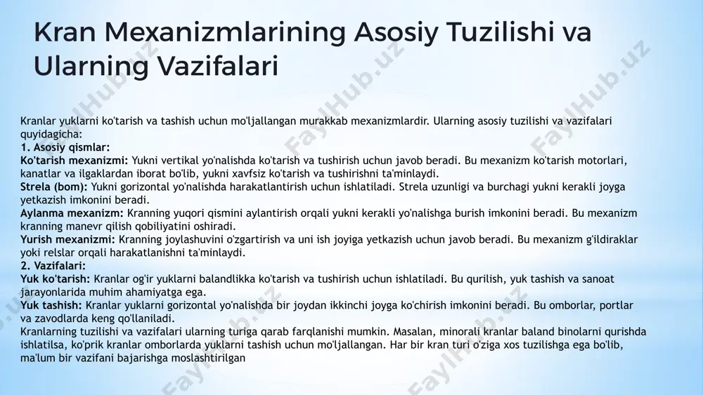 da asinhron motorni avtomatik ravishda boshqarishga va belgilangan vaqt algoritmiga muvofiq elektr yuritmani ishga tushirishga qodir. qisqa muddatli quvvat uzilishida ish rejimini avtomatik ravishda tiklash uchun qo'llab-quvvatlash funktsiyalari. vaqtinchalik jarayonlarni masofadan boshqarish pultidan boshqaring va elektr motorlarini ortiqcha yuklardan himoya qiladi. chastota oʻzgartkichli boshqarish tizimining afzalliklari aniq boshqarish yukni ko'tarish va tashish jarayonini aniq va mukammal boshqarishga imkon beradi. yuqori samaradorlik energiya sarfini optimallashtiradi, bu esa ishlab chiqarish jarayonini samaraliroq qiladi. uzluksiz ish uzoq va uzluksiz ishlashga imkon beradi, chunki chastota o'zgartkichlar ortiqcha yuklanishga chidamli. xavfsizlik kran operatorlarining xavfsizligini oshirishga yordam beradi, chunki tizim aniq va ishonchli ishlaydi. 10 chastotani o'zgartirgichning asinxron elektr motoriga ulanish diagrammas chastota o’zgartgich. kran yuritmasini boshqarishda mikrokontrller va plc tizimlarining roli mikrokontrller mikrokontrllerlar kran yuritmasining tezligini, aylanish momentini va boshqa parametrlarini boshqarish uchun ishlatiladi. plc tizimlari plc tizimlari kran yuritmasining ishlashini nazorat qilish, xavfsizlikni ta'minlash va diagnostik ma'lumotlarni yig'ish uchun ishlatiladi. boshqarish tuzilmasi mikrokontrllerlar va …