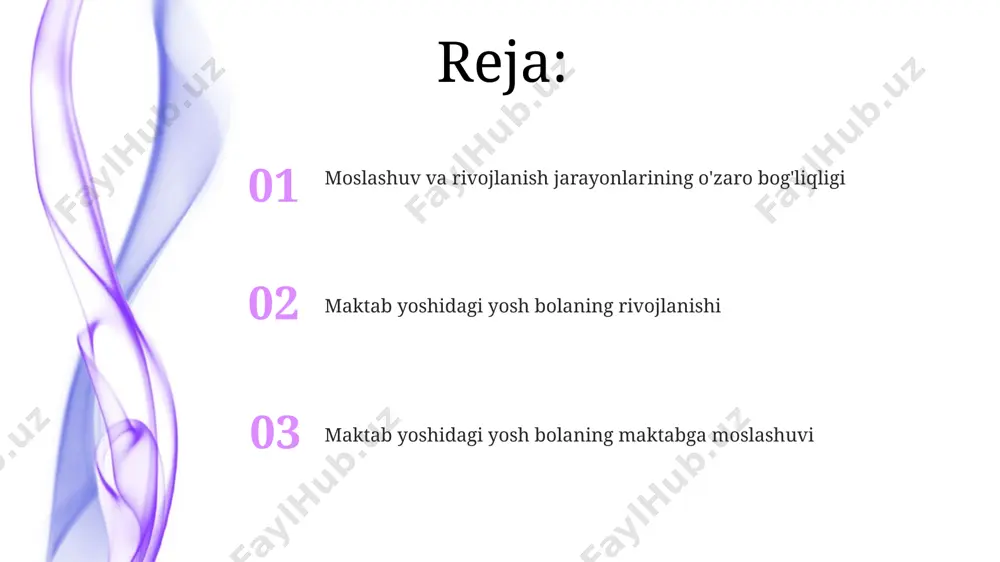 zini baholash darajasi 30-40% ga past bo'lishi mumkin, bu esa o'qishdagi qiyinchiliklarga olib kelishi mumkin. o'quv jarayoniga moslashuv bolalarning o'quv jarayoniga moslashuvi individual farqlarga bog'liq bo'lib, ba'zi bolalar tezda moslashib, 80% materialni o'zlashtirsa, boshqalari esa ko'proq vaqt talab qiladi va 50% atrofida natija ko'rsatishi mumkin. o'quv jarayoniga moslashuv 6-7 yoshli bolalarda o'ziga xos xususiyatlarga ega bo'lib, ularning e'tiborini 20-30 minut davomida biror bir vazifaga qaratishi qiyin, shuning uchun darslarning o'zgaruvchanligi muhim. o'rganish uslublari bolalar bogʻchasidan maktabga oʻtish davrida taxminan 20-30% bolalarda moslashuv qiyinchiliklari kuzatiladi, bu esa individual yondashuv va qoʻshimcha psixologik yordamni talab qiladi. oʻquv jarayoniga moslashishda bolaning kognitiv funksiyalari, xususan, eʼtibor, xotira va fikrlash qobiliyatlari muhim rol oʻynaydi, bu koʻrsatkichlar 5-6 yoshga kelib sezilarli darajada rivojlanadi. o'qituvchilar bilan munosabatlar bolalar bilan muloqotda o'qituvchilarning 30% dan kamrog'i taqdimot uslubi va faol o'rgatish usullaridan foydalanishni afzal ko'rishadi, bu esa ba'zi o'quvchilarning ijtimoiy-emotsional rivojlanishiga salbiy ta'sir qilishi mumkin. o'qituvchilar bilan o'zaro hurmatga …