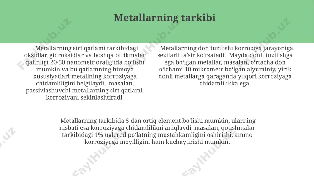 i tufayli kamroq aktiv metall eriydi, masalan, temir va misning kontakti. metallarning korroziya qarshiligini oshirish passivlashtiruvchi qo'shimchalar, masalan, molibden (mo) yoki xrom (cr) qo'shish orqali zanglamaydigan po'latlarning korroziyaga chidamliligini 10-20% ga oshirish mumkin. metallarning korroziya qarshiligini 300-500°c gacha yuqori haroratlarda ishlatish uchun, alyuminiy yoki kremniy qotishmalari bilan qotishtirish samarali usul hisoblanadi, bu ularning oksid plyonkasining mustahkamligini oshiradi. korroziyani himoya qiluvchi qoplamalar, misol uchun, 50-100 mikrometr qalinlikdagi sink qoplamasi temir buyumlarning atmosfera korroziyasini sezilarli darajada kamaytiradi. korroziyaning asosiy omillari korroziya jarayonining tezligi metallarning elektrokimyoviy potensial farqi va atrof-muhitning agressivligi, masalan, ph ning 3 dan past yoki 10 dan yuqori bo'lishi bilan bevosita bog'liq. yuqori haroratlarda (masalan, 100°c dan yuqori) korroziya tezligi sezilarli darajada ortadi, chunki yuqori temperatura elektrokimyoviy reaksiyalarni tezlashtiradi va himoya qatlam hosil bo'lishini sekinlashtiradi. metall sirtining qo'polligi va porozligi korroziya jarayoniga salbiy ta'sir ko'rsatib, 10 baravar yoki undan ham ko'proq korroziya tezligining oshishiga olib kelishi mumkin, chunki bu joylar …