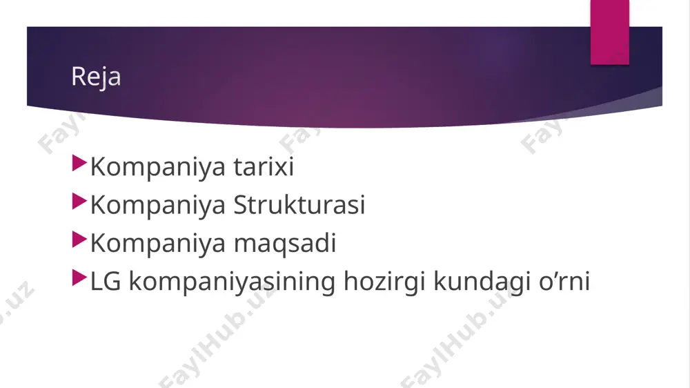di. jahon bo‘ylab kompaniya 115 filiallari, jumladan, 84 sho‘ba korxona firmalarida 84 mingdan ortiq xodim mehnat qiladi. moliyaviy holati lg kompaniyasi beshta bo‘linma: home entertainment, home appliance, air conditioning, business solutions va mobile communications’dan tashkil topgan, jahon bo‘yicha umumiy savdo hajmi 2021-yilda 64,7 mlrd. aqsh dollarini tashkil etdi. lg electronics jahonda yupqapanelli televizorlar, audio va video mahsulotlar, mobil telefonlari, havo kondisionerlari hamda kir yuvish mashinalari ishlab chiqarish bo‘yicha yetakchi hisoblanadi. lg kompaniya tarixi namunalari 1947yilda.ko inxva (koo in-hwoiuncha katta bo'lmagan kimyoviy va kosmetik mahsulot ishlab chiqaradigan ,, lak hui chemical industries"firmasini ochgan.firmaning ilk mahsuloti yuz uchun krem edi. 1952-yilda koreyada birinchi bo'lib plasmassa ishlab chiqara boshladi 1954-yilda ,,lucky nomli tish pastasi ishlab chiqara boshladi 1959-yilda koreyada birinchi bolib tranzistorli radiopriomnik ishlab chiqara boshladi 1965 goldstar birinchi muzlatgich 1966 koreyada birinchi oq qora televizor ishlab chiqardi 2009 lg dunyoda telefon ishlab chiqarish boyicha3-oringa chiqib oldi 2010 lg dunyoda 1-bolib 2yadroli telefon …