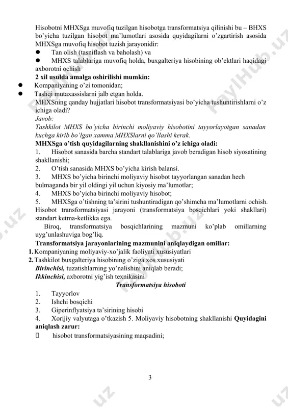 oshirish usullariga sezilarli ta’sir ko’rsatadi) misol uchun: tashkilot (shuba korxona) uchun mhxs bo’yicha hisobot tuzishdan maksad, guruhning konsolidallashgan hisobotini shakllantirish hisoblanadi. bu transformatsiya jarayonlariga qay tarzda ta’sir ko’rsatadi? bosh kompaniya va uning filiallari uchun yagona hisob siyosatini qo’llash zarur hisoblanadi. ayni vaqtda ushbu talabni amalga oshirishning ikkita varianti mavjud. birinchisi – guruh uchun yagona hisob siyosati ishlab chiqilayotganda, guruxning barcha korxonalari bir xil talablar bo’yicha individual hisobotni tuzadilar va hisobni yuritadilar. ikkinchisi – bunda individual hisobot ma’lumotlari mustaqil hisob siyosati bo’yicha shakllantiriladi, konsolidatsiya maksadlari uchun esa yagona hisob siyosatining talablariga muvofiq ma’lumotlarni kiritish bo’yicha qo’shimcha tuzatishlar amalga oshiriladi. quyidagilarni aniqlab olish zarur: · mhxsga muvofiq tuziladigan birinchi hisobot qaysi davr uchun tuzilishini; · mhxsga o’tish muddatini qiyosiy ma’lumotlar taqdim etiladigan davrlar soni  kompaniyaning funktsional valyutasini (baholash valyutasini) va hisobot valyutasini; · hisobotni taqdim etish tilini; · auditorlik tekshiruviga bo’lgan zaruriyat, baholovchilarning jalb qilinishi · transformatsiyani amalga oshirish usulini; · …