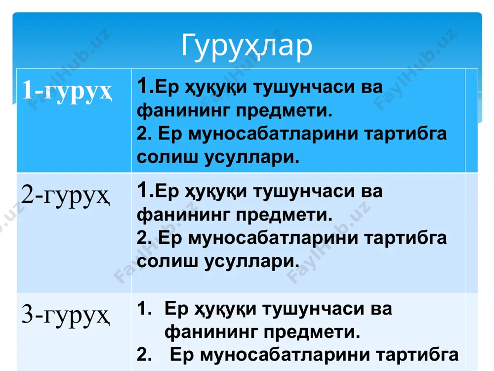 уқ тизимининг мустақил тармоғи сифатида тавсифи ер ҳуқуқининг ҳуқуқ фанининг бир сохаси сифатида тавсифи ер ҳуқуқи ўзбекистон ҳуқуқ фанининг бир сохаси сифатида илмий нуқтаи назаридан давлатнинг ер ҳуқуқи тушунчалари тоифаларини фундаментал ўрганиш бўйича сиёсий , иқтисодий, ижтимоий ва экологик талабларини ифодалайди. бунда ер ҳуқуқининг предмети сифатида фанга оид илмий-назарий тушунчалар, қарашлар, муаммолар ва уни ривожлантириш масалалари хизмат қилади. шу ўринда унга фанга тегишли бўлган барча хусусиятлар тегишли бўлади. бугунги кунда ер ҳуқуқи фанининг энг муҳим йўналишларидан бири бу ер қонунчилиги самарадорлигини ошириш масалаларини ўрганиш билан боғлиқ. чунки бугунги кунда республика ҳукумати томонидан қўйилган вазифаларни ҳал этилиши ер муносабатларини ҳал қилиш билан боғлиқ. ер ҳуқуқи махсус ўқув курси сифатида ер ҳуқуқининг таркибий қисмлари умумий қисм махсус қисм алоҳида қисм 1 6 5 2 4 3 1 2 3 8 5 4 6 7 1 2 ер ҳуқуқининг қисмларида қандай масалалар ўрганилади? ер ҳуқуқининг умумий қисмида: ер ҳуқуқи тушунчаси, предмети, тамойиллари ва …