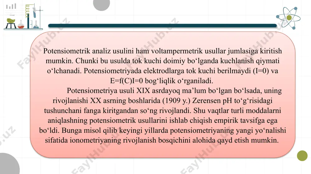 yasini ham ishlatish mumkin. kislota asosli, cho‘ktirish, kompleks hosil qilish va oksidlanish-qaytarish. potensiometrik usulda reaksiyaga oddiy titrlashdagi kabi talablar qo‘yiladi. i. etarlicha katta tezlik. ii. reaksiya yuqori muvozanat konstantasiga ega bo‘lishi kerak. iii. qat`iy stexiometriklik xalal beruvchi reaksiyalar yo‘qligi iv. bir xillik (har hil sharoitda reaksiya mahsulotlari o‘zgarmasligi kerak). i. xulosa qilib aytganda, titrlash jarayonlari va ularga oid o‘lchov usullari zamonaviy analitik tahlilning ajralmas qismidir. ular fizik kimyo qonuniyatlariga asoslangan bo‘lib, turli xil reaktivlar va fizik o‘lchov vositalari yordamida moddalarning tarkibi, konsentratsiyasi hamda reaktiv xususiyatlarini aniqlash imkonini beradi. titrlashning ko‘plab turlari mavjud bo‘lib, har biri o‘zining afzalliklari bilan ajralib turadi. o‘lchov usullarining zamonaviyligi esa tahlil natijalarining aniqligi va ishonchliligini oshiradi. shuning uchun har qanday analitik yoki fizik kimyo laboratoriyasi uchun titrlash usullarini chuqur o‘zlashtirish, ulardan to‘g‘ri foydalanish va natijalarni ilmiy asosda tahlil qilish muhim ilmiy-amaliy vazifa hisoblanadi. e’tiboringiz uchun rahmat! image1.jpeg image2.jpeg image3.jpeg