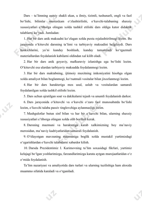 dan bermay, shogirdlari dikkatni chalgitmay, darsning asosiy kismini boshlab yuboradilar, chunki sinf o‘kuvchilarini tezlik bilan mashgulotga faol kirishishlarini ta’minlash lozim. dars yangi materialni bayon kilishga karatilgan bo‘lsa, dars mavzusi e’lon kilinadi. rejada mo‘ljallangan o‘kuv materiali o‘tib bo‘lingach, u albatta yakunlanishi, xulosalar chikarilishi kerak. dars o‘kituvchi va o‘kuvchining ijodiy hamkorligiga asoslanishi lozim. shundagina o‘kuvchilar mustakil erkin fikrlay oladilar, irodalari tarbiyalanadi. nutk madaniyati rivojlanadi. muammoli vaziyat izlanishlar orkali o‘z yo‘lini topa oladilar. o‘kuv mashgulotlarining sinfdagi shakli darsdan tashkari yana ko‘shimcha kator ta’lim shakllari mavjud, bo‘lib, bular amaliy-tajriba mashgulotlar, ko‘shimcha darslar, fakultativlar, ekskursiya kabilardir. bular darsda berilgan bilimlarni to‘ldirish, mustaxkamlash, amaliyot bilan boglash uchun uyushtirilgan ko‘shimcha mashgulotlardir. bulardan tashkari o‘kuv yurtlari tajribasida fan to‘garaklari, ishlab chikarish amaliyoti, o‘yin shaklidagi mashgulotlardan ham foydalanmokda. uzluksiz ta’limning hamma boskichlarida ta’limning o‘ziga xos tashkiliy shakllari mavjud. jumladan: ikki boskichli oliy ta’lim tizimida o‘ziga xos ta’lim shakllari mavjud, bularga ma’ruzalar, seminar va amaliy mashgulotlar, kafedra o‘kituvchilarining ochik ma’ruzalarida …