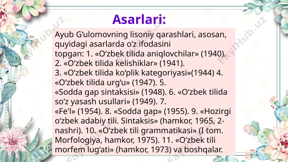 ri; 2. til nоrmаsi tushunchаsining bоshqа lingvistik vа gumаnitаr fаnlаr bilаn аlоqаdоrligi mаsаlаlаri; 3. аdаbiy til vа diаlеktlаrning o‘zаrо munоsаbаti mаsаlаlаri; 4. milliy til vа uning ijtimоiy, etnik muаmmоlаri; 5. аdаbiy til nоrmаsi vа lеksik-frаzеоlоgik nоrmаdаn chеtgа chiqishlаrning tiplаri, sаbаblаri vа оmillаri kаbilаrdir. а. mаmаtоv o‘zbеk tilshunоsligidа, аsоsаn, frаzеоlоgiya muаmmоlаrigа аlоhidа e’tibоr bеrdi. u ilmiy izlаnishlаridа frаzеоlоgik nоrmа, frаzеоlоgik nоrmа vа frаzеоlоgik vаriаnt munоsаbаti kаbi jiddiy mаsаlаlаrni chuqur o‘rgаndi, puхtа tаdqiq qildi. j. omonturdiyev j. omonturdiyev o'zbek tilshunosligida o'zinining bir qator qarashlari bilan ajralib turadi. u "o'zbek nutqi va madaniyati" nomli kitobida uslubiyat va nutq haqida bir qator qimmatli ma'lumotlar berib o'tgan. j. omonturdiyev bu asarida nutq uslubiyati haqida ma'lumot berar ekan. faqat shu bilan cheklanmaydi. u nutqiy faoliyatda nutqiy malaka muhimligini ham aytib o'tadi. shuningdek, har bir grammatik birlikning uslubiy xususiyatlari haqida birma-bir to'xtalib o'tadi. foydalanilgan adabiyotlar: 1. r. rasulov. umumiy tilshunoslik. t:. 2009. 2. a. nurmonov. struktur tilshunoslik …