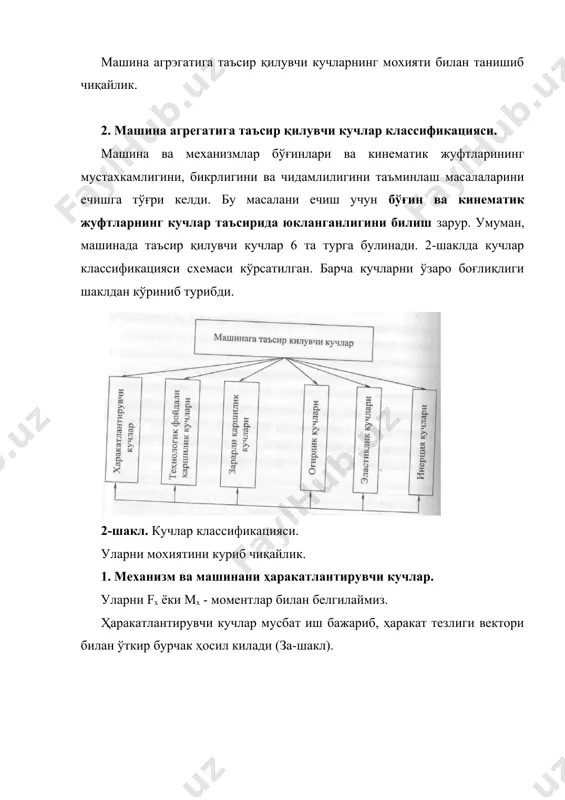айланма ҳаракат (кривошип ҳаракати) в) мураккаб ҳаракат (шатун ҳаракати) 5-шакл. г) тебранма ҳаракат (коромисло ҳаракати) 6-шакл. fn инерция кучи бўғин оғирлик марказига қўйилган бўлиб, унинг йўналиши as тезланиш йўналишига тескаридир (5б,в-шакллар). ғп инерция кучининг моменти бўғин бурчак тезланишига тескари йўналган (5в-шакл). 6. эластик кучлар. механизм ҳаракатининг маълум кисмларида ушбу кучлар ё мусбат, ёки манфий иш бажариши мумкин. бирок тула кинематик давр жараёнида ушбу кучлар бажарган иш нолга тенг бўлади, чунки уларнинг куйилиш нуқтаси даврий ҳаракатланади. эластик кучлар асосан қайишқоқ бўғин ва элементларнинг дастлабки холатларини сақлашга интилади. адабиётлар 1. и.а.каримов «юксак маънавият- енгилмас куч», т.: «маънавият», 2009.-176 6. 2. усмонхужаев х.х.- «механизм ва машиналар назарияси». (дарслик). «укитувчи». т., 1981.-576 6. 3. артоболевский и. и. «теория механизмов и машин». (учебник). м., наука, 1988.-640 с. 4. фролов к.в. ва бошқалар. «механизм ва машиналар назарияси». (дарслик). «укитувчи». т., 1990.-496 б. 5. жураев а, мавлявиев м.р., абдукаримов т., мирахмедов ж.ю. «механизм ва машиналар назарияси». (дарслик). …