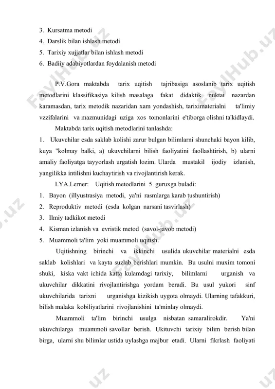 vchilarni urganishini nazarda tutish kerak. uqitish metodlari-ukituvchilarning faol fikrlashi asosida, ukuvchilarni uqitishga, ukituvchi raxbarligida ukuvichlarning ilmiy bilimlarini uzlashtirishi va amaliyotda kullashi, ilmiy dunyokarash va e'tikod xosil kilishga, akliy va jismoniy mexnat kunikma va malakalarni egallashiga, bilish va ijodiy kobiliyatini usishiga yordam berishni ta'minlovchi usullardan iboratdir. bir-biri bilan boglangan uqitish metodlarini kuyidagi guruxlarga ajratish mumkin: a) ogzaki uqitish metodi. bu uz navbatida 2 ga bulinadi: 1. ogzaki ta'lim metodi. 2. bosma matnlar yordamida uqitish metodi b) kursatmali ta'lim metodi. b) ta'limning amaliy metodi. yukoridagi metodlar tizimini maktabda barcha fanlarni uqitishda kullash mumkin. xar bir ukituvchi darsga tayyorlanishda ukuv materialining mazmuniga muvofik xar bir mavzuni ta'limiy-tarbiyaviy vazifalarini amalga oshirishga yordam beradigan metodik urganish usullarini tugri tanlab opishi kerak. xozirgi kunda kullanilib kelinayotgan amaldagi uqitish metodlarini asosan 2 turga bulib kursatish mumkin: 1. og’zaki bayon kilish metodi 2. kurgazmalilik metodi. 3. amaliy metod. maktabda akademik kasb xunar kollejlarida tarix uqitishda kullaniladigan matnlarga : …