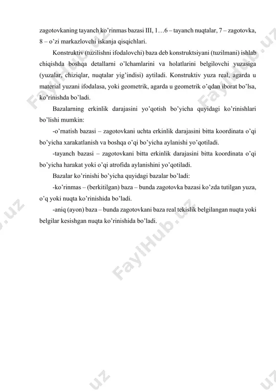 boshi sifatida qabul qilish kerakligiga bog’liq bo’ladi. masalan, 2a-rasmda ko’rsatilgan holat uchun x o’lcham aniq ta’minlanishi kerak, bu o’lcham uchun o’lchov boshi a-a yuza. ushbu yuza bir vaqtda ham o’lchov ham o’rnatish bazasi bo’lib xizmat qiladi. 2b-rasmda y o’lcham aniq ta’minlanishi kerak, uning uchun o’lchov boshi yuza b-b, qaysiki b-b yuza shu holat uchun o’lchov bazasi, a-a yuza esa o’rnatish bazasidir. bundan ko’rinib turibdiki, ikkinchi misolda bazalarni qo’shilish tamoyili amal qilmaydi. o’lchash bazasi o’rnatish va o’lchash bazalari o’rnatish bazasi 2-rasm. o’rnatish va o’lchash bazalari bazalarning o’lchamlari detalning ishonchli, mustahkam mahkamlash uchun, natijada ishlov berish jarayonida o’z holatini o’zgartirmasligi uchun yetarli bo’lishi kerak. bazaviy yuza qisish (mahkamlash) kuchlari ta’sirida deformatsiyalanmaydigan bo’lishi va imkoniyati boricha kesish va qisish kuchlarini bir o’ynalishda qabul qilib, ishlov berilayotgan yuzaga yaqin joylashgan bo’lishi kerak. detallarni dastgohlarda o’rnatish usullari. olti nuqta qoidasi. detallarga ishlov berish uchun ular turli usullar yordamida o’rnatilishi mumkin: 1) detalning bevosita dastgoh stoliga …