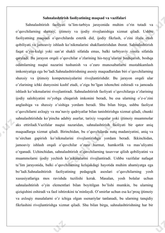 har bir ishtirokchining o’ziga xos qobiliyatlari va qiziqishlari mavjud. ta’lim-tarbiya jarayonidagi sahnalashtirishning roli ta’lim-tarbiya jarayonida sahnalashtirish faoliyati ko’p qirrali vosita sifatida qaraladi, chunki u o’quvchilarning nafaqat bilim olishiga, balki shaxs sifatida rivojlanishiga ham xizmat qiladi. sahnalashtirish o’quvchilarning ijodiy faoliyatini rag’batlantirish orqali ularning o’quv jarayoniga bo’lgan qiziqishini oshiradi. bu jarayon o’quvchilarning o’zini ifoda etish qobiliyatini rivojlantirishga yordam beradi, bu esa ularning o’quv faoliyatida faol ishtirok etishiga olib keladi. masalan, adabiyot darslarida sahnalashtirish orqali o’quvchilar o’qigan asarlarning mazmunini chuqurroq tushunadi va undagi qahramonlarning his-tuyg’ulari bilan hamohang bo’ladi.sahnalashtirishning ta’limdagi roli shundaki, u o’quvchilarning emotsional va ijtimoiy intellektini rivojlantirishga xizmat qiladi. bu jarayon orqali o’quvchilar boshqa odamlarning his-tuyg’ularini tushunishni va empatiya ko’rsatishni o’rganadi. masalan, biror tarixiy shaxs yoki adabiy qahramon rolini o’ynash orqali o’quvchi ushbu shaxsning hayotiy tajribalarini va qarorlarini tahlil qiladi. bu esa o’quvchilarning tanqidiy fikrlashini va muammolarni turli nuqtai nazardan ko’rib chiqish qobiliyatini oshiradi.bundan tashqari, sahnalashtirish ta’lim jarayonida o’quvchilarning o’ziga bo’lgan ishonchini …