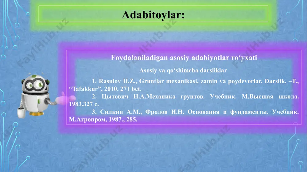 qilib, zaminning yuvilib ketmaslik shartiga muvofiq, poydevorning minimal joylashish chuqurligi quyidagi formula yordamida hisoblanadi: dp=1.15(▼od.t - ▼oyu)+ t poydevorning o‘lchamlarini aniqlash odatda poydevor ostidagi gruntning mustahkamligi inshoot ustun(tayanch)lari tayyorlangan betonning mustahkamligidan kichikdir, shunga ko‘ra poydevorning pastki qismi enliroq(kengroq) qabul qilinadi. beton cho‘zilishga, egilishga va yorilishga bardoshliligi pastdir, shu sababli poydevorning bikr bo‘lishini ta’minlash zarur. bunda poydevorning pastga tomon eng katta kengaytirilish darajasi betonning bikrlik burchagi α ga qarab belgilanishi shart. ushbu burchak ko‘prik ustunlari konstruksiyalari uchun 300 dan oshmaydi. demak, poydevor ostki yuzasining o‘lchamlari quyidagi chekli qiymatlardan katta bo‘lmasligi kerak: b ≤ bchek; l ≤ lchek poydevorning cheklangan kengligi va uzunligi yuqoridagi talablarga muvofiq quyidagi formula yordamida hisoblanadi. bchek= bt +2*dp* tg 300 ; m lchek= lt +2*dp* tg 300 ; m bu yerda : bt - akveduk ustun(tayanch)ining kengligi(eni); lt - akveduk ustun(tayanch)ining uzunligi; 1-rasm.poydevorning cheklangan kengligini aniqlashga doir hisobiy sxema 2-rasm. sayoz joylashgan poydevorning o‘lchamlarini aniqlashga doir hisobiy …