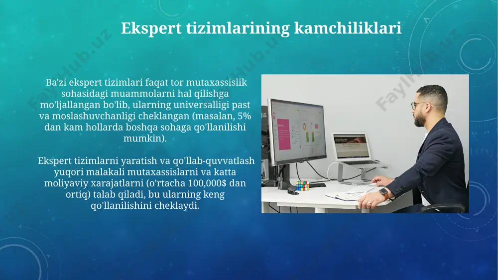 o'rovlari asosida xulosalar chiqaradi, muayyan holatlarni tahlil qiladi va taxminan 90% aniqlik bilan prognoz qila oladi. ekspert tizimlarida qaror qabul qilish jarayoni qaror qabul qilish jarayonida, ekspert tizimi 0.8 dan yuqori ishonchlilik koeffitsientiga ega bo'lgan qoidalarni tanlab, mulohazalar zanjirini hosil qiladi va optimal natijaga erishishga harakat qiladi. ekspert tizimlari, odatda, 3 dan ortiq qoidalar bazasidan va 500 dan ortiq faktlar to'plamidan foydalanib, murakkab mantiqiy xulosalar chiqarish orqali qarorlar qabul qiladi. muhokama muhokama jarayonida ekspert tizimlari 5 dan ortiq mutaxassis fikrlarini birlashtirib, 20% ga yaqin aniqlik bilan prognozlarni aniqlashtirishga yordam beradi. elektron jadvallar muhokama natijalarini tahlil qilishda, ma'lumotlarni guruhlashda va 10 ta turli ko'rsatkichlar bo'yicha diagrammalar yaratishda muhim rol o'ynaydi. elektron jadvallarning afzalliklari elektron jadvallar murakkab hisob-kitoblarni avtomatlashtirishga imkon beradi, masalan, 1000 dan ortiq qator va 50 dan ortiq ustunli ma'lumotlarni tezkor tahlil qilish va hisobotlar yaratishni soddalashtiradi. elektron jadvallarda ma'lumotlarni vizualizatsiya qilish vositalari, masalan, diagrammalar va grafiklar yordamida, 20% gacha …