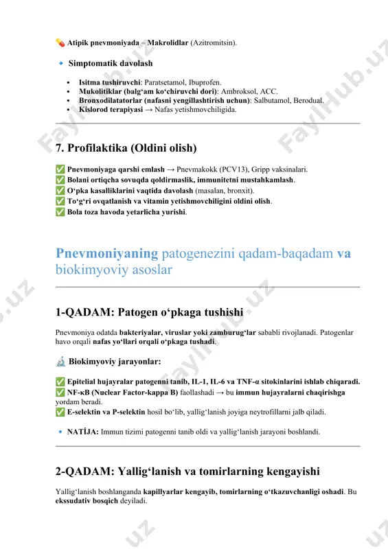 arni jalb qiladi. 🔹 nati̇ja: immun tizimi patogenni tanib oldi va yallig‘lanish jarayoni boshlandi. 2-qadam: yallig‘lanish va tomirlarning kengayishi yallig‘lanish boshlanganda kapillyarlar kengayib, tomirlarning o‘tkazuvchanligi oshadi. bu ekssudativ bosqich deyiladi. 🔬 biokimyoviy jarayonlar: ✅ histamin va prostaglandinlar (pge2, pgi2) chiqariladi, bu kapillyarlarni kengaytiradi. ✅ tnf-α va il-1 tomir endoteliyasini bo‘shashtirib, plazma va oqsillar to‘qimaga chiqishiga sabab bo‘ladi. ✅ komplement tizimi (c3a va c5a) faollashadi, bu neytrofillarni infeksiya joyiga jalb qiladi. 🔹 nati̇ja: yallig‘lanish tufayli shish (oedema) va suyuqlik to‘planishi boshlanadi. 3-qadam: alveolalarga ekssudat to‘planishi o‘pkaning alveolalarida suyuqlik, fibrin va yallig‘lanish hujayralari yig‘ila boshlaydi. bu alveolalarning gaz almashinuvida ishtirok etishiga to‘sqinlik qiladi. 🔬 biokimyoviy jarayonlar: ✅ il-8 va c5a neyrofillarni chaqirib, bakteriyalarni yo‘q qilishni boshlaydi. ✅ neytrofillar lizosomal fermentlar (elastaza, mieloperoksidaza) chiqarib, bakteriyalarni yo‘q qiladi. ✅ laktoferrin bakteriyalarning o‘sishini oldini oladi. ✅ lipoksin a4 (lxa4) va rezolvinlar yallig‘lanishni cheklashga yordam beradi. 🔹 nati̇ja: o‘pkaning zararlangan qismida ekssudat to‘planib, nafas olish qiyinlashadi. …