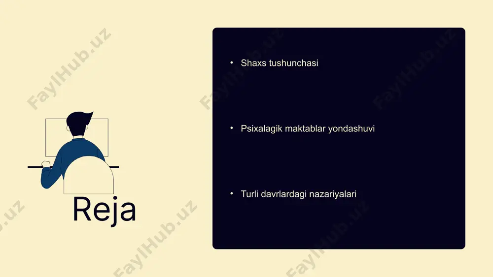 jlanishi va motivlari haqida turlicha qarashlarni taqdim etadi. freudning psixoanalitik maktabi, xulq-atvorchilik va insonparvar psixologiya shaxsni tushunishga o‘ziga xos yondashuvlarni taklif etadi. bu maktablar shaxsning ichki va tashqi omillarini qanday ta'sir qilishiga oydinlik kiritadi. - psixoanalitik maktab: ichki motivlar va his-tuyg‘ular - xulq-atvorchilik: tashqi omillar va o‘rganish - insonparvarlik: individning o‘ziga bo‘lgan ishonchi va o‘z-o‘zini anglash photo by linkedin sales solutions on unsplash 1 2 3 shaxs nazariyalari: maktablar taqqoslash psixologik maktablar shaxs nazariyalariga ta'sir ko'rsatadi. har bir maktab o'z yondashuvi orqali shaxsni tushuntirishga harakat qiladi, bu esa psixologik tadqiqotlar va amaliyotlarga asos bo'ladi. freudning psixoanalitik maktabi ichki konfliktlar va injiqliklar orqali shaxsni tushuntirsa, xulq-atvor maktabi esa shaxsni tajriba va muhit ta'siri bilan izohlaydi. insoniylik psixologiyasi shaxsni o'z imkoniyatlarini amalga oshirishga intiluvchi sifatida ko'radi. shaxs nazariyalari turli sohalarda, masalan, ta'lim, maslahat va ish joyida qo'llaniladi. ular insonlarning xatti-harakatlarini tushunishga va yaxshilashga yordam beradi. turli psixologik maktablar: shaxs nazariyalari psixoanaliz, biheviorizm, …