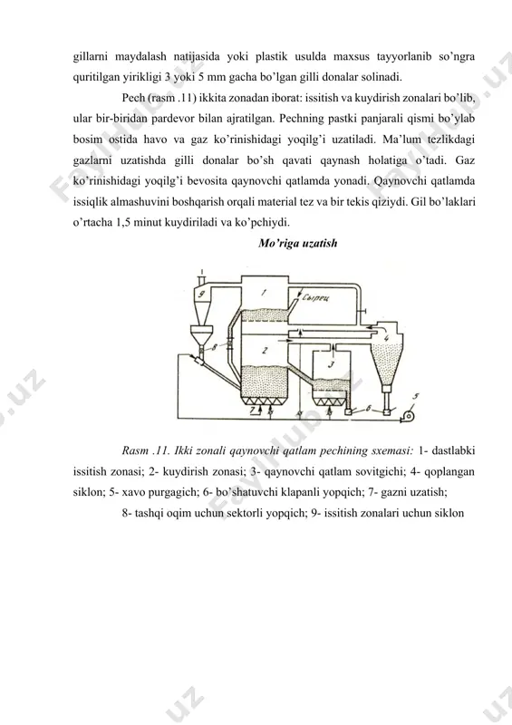 ’yicha mahsuldorligi 6,7 m3/soat bo’lib, foydalanish koeffitsienti ri =0,85. olingan keramzit qumining uyma zichligi 500-700 kg/m3. keramzit qumining donadorlik tarkibiga qo’yiladigan talab tabiiy qum kabi bo’lib, faqat tarkibda yirik fraksiyalar ko’p bo’lishi lozim . keramzit qumi olishning xususiyatlari va tannarxi bo’yicha samarali yo’nalishdagi muammolar to’liq hal etilgani yo’q. shu sababli ba’zan keramzitobeton ishlab chiqarishda mayda to’ldiruvchi sifatida ko’pchigan perlit yoki tabiiy qum ishlatiladi. keramzit qumini qaynovchi qatlam pechlarida ishlab chiqarish keramzit shag’alini olish sexlari qoshida bajariladi, bunda xomashyo sifatida quritish barabanidan chiquvchi granulalar – yarim tayyor mahsulotlar ishlatiladi. yiliga 50 ming m3 keramzit qumini ishlab chiqarish sexi texnologik sxemasi rasm5.15 da keltirilgan. ushbu sexni keramzit shag’ali ishlab chiqarish korxonasi maydoniga joylashtirish nazarda tutilgan. ish rejimi – yil davomida uch smenada. ishlab chiqarish jarayoni quyidagilardan iborat: sexning tayyorlash bo’limida olingan va quritilgan granulalar xomashyo zaxirasi bunkeriga uzatiladi, so’ngra bolg’ali tegirmonda quritiladiva maydalanadi. yirikligi 5 mm gacha gil donalari (namligi 8-12%) tindiruvchi …