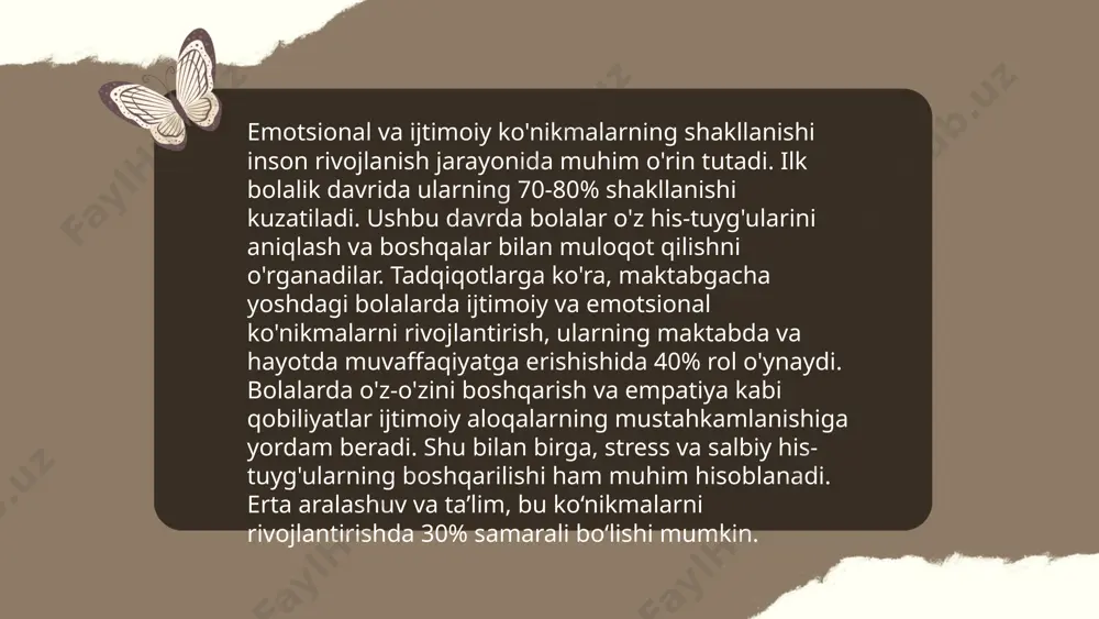 rakkab muammolarni hal etishda 70% samaraliroq bo‘lishadi. o‘zbekiston ta’lim tizimida ham tanqidiy fikrlash ko‘nikmalarini rivojlantirishga e’tibor qaratilmoqda, chunki bu ko‘nikmalar bolalarning mustaqil fikrlashini va ijodkorligini oshiradi. tadqiqotlar ko‘rsatmoqdaki, tanqidiy fikr yuritishga asoslangan ta’lim dasturlari o‘quvchilarni kelajakda muvaffaqiyatli bo‘lishlariga 30% ko‘proq yordam beradi. kichik maktab yoshi davrida psixik rivojlanish davrlari talaba: shahrizoda a'zamova e'tiboringiz uchun raxmat! image1.png image2.png image3.png image4.jpg image5.png image6.jfif image7.jpg image8.jpg /docprops/thumbnail.jpeg
