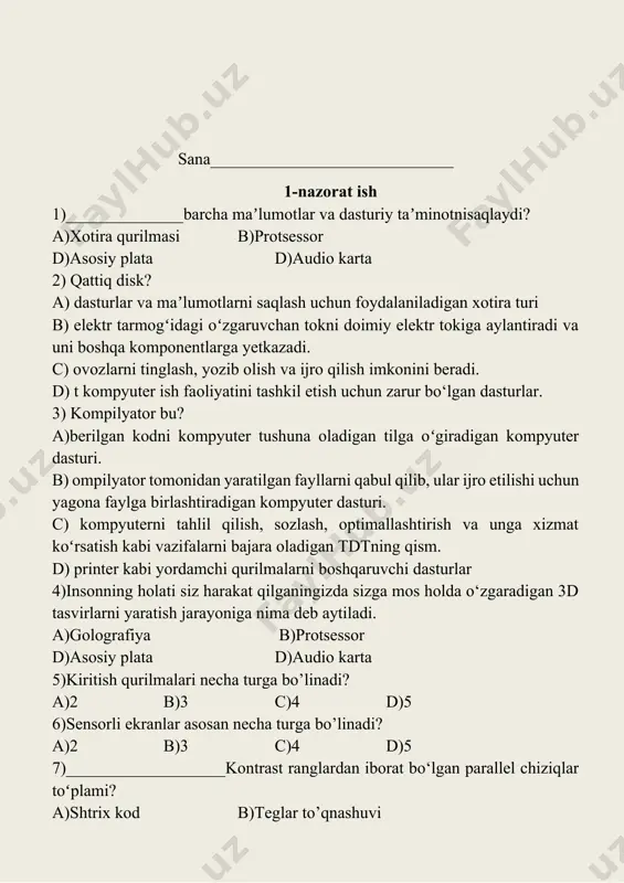 lanuvchilar veb-saytdagi maʼlumotlarni qanday koʻrishlari mumkin? a) veb-brauzer orqali b)dupleks c)flayer d)afishalar 4)mobil telefonlar uchun uchinchi avlod tarmoq texnologiyasi to’g’ri ko’rsatilgan qatorni toping? a)3g b)4g c)lte d)h+ 5) forward 5 buyrugʻi toshbaqaga qanday harakatlanish kerakligi aytadi? a)oldinga 5birlik b)orqaga 5birlik c)o’ngga 5birlik d)chapga 5birlik 6) minimal qiymat qayd etilishi bilanoq qayta buyurtma qilish tizimi qanday tizimi deyiladi?) a)real vaqt b)paketli jarayon c)zaxiralar boshqaruvi d)eftpos 7) mahsulotlarning sotib olinishi, sotilishi yoki foydalanilishi davomida zaxiralarini kuzatib borish uchun kompaniyaga qanday tizimi kerak bo’ladi? a)zaxiralar boshqaruvi b)eftpos c)real vaqt d)paketli jarayon 8) maʼlumotlarning tekshirilishini taʼminlash uchun belgilangan maxsus amallar nima deb ataladi? a)validatsiya b)maʼlumot toʻplash shakllar c)prototip d) loyihalash 9)_______________ qiymatlar notoʻgʻri va rad etilishi kerakligi sababli sinalayotgan tizim odatda qabul qilmaydigan maʼlumot a)gʻayrioddiy maʼlumot b) ekstremal maʼlumot c)sinov strategiyas d)to’g’ri javob berilmagan 10) xatarlarni nechi turga boʻlish mumkin? a)2 b)3 c)4 d)5 11)______________ kompyuteringizda saqlanadigan bir juft fayldir? a) raqamli sertifikat b) …