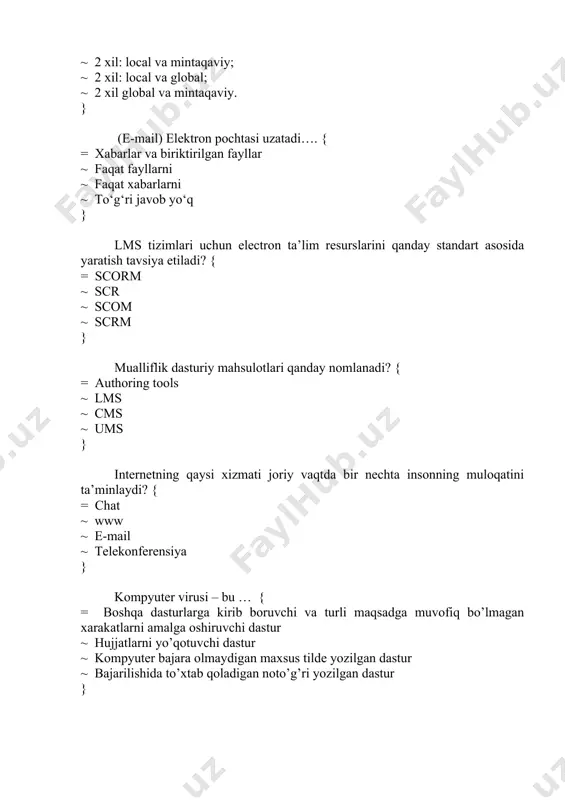 lobal tarmoqlar ~ ichki va tashqi tarmoqlar ~ mahalliy, xalqaro tarmoqlar ~ internet, internet tarmoqlar } aniq bir mavzu bo’yicha electron xabarlar bilan almashuv jarayoni … { = telekonferensiya ~ elektron pochta ~ yangiliklar ~ telekommunikatsiya } internetdan foydalanish bo’yicha o’z xizmatlarini taklif etuvchi struktura(firma, yoki tashkilot) … { = provayder ~ master ~ administrator ~ portal } global tarmoq bu – { = dunyoning ixtiyoriy davlatdagi kompyuterlarni o’zida birlashtirish imkoniga ega bo’lgan tarmoq ~ biror tuman, viloyat yoki respublika miqyosidagi kompyuterlarni o’zida mujassamlashtirilgan tarmoq ~ bir bonoda yoki bir-biriga yaqin binolarda joylashgan kompyuterlarda o’zaro axborotlahish imkonini beruvchi tarmoq ~ biror tuman miqyosidagi kompyuterlarni o’zida mujassamlashtirilgan tarmoq } mintaqaviy tarmoq deganda nimani tushunasiz? { = biror tuman, viloyat yoki respublika miqyosidagi kompyuterlarni o’zida mujassamlashtirilgan tarmoq ~ dunyoning ixtiyoriy davlatdagi kompyuterlarni o’zida birlashtirish imkoniga ega bo’lgan tarmoq ~ bir bonoda yoki bir-biriga yaqin binolarda joylashgan kompyuterlarda o’zaro axborotlahish imkonini beruvchi tarmoq …