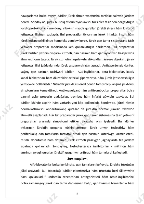 , júrek ritmin normallastırıwshı antiaritmikalıq qurallar da júrektiń normal jumısın tiklewde áhmietli esaplanadı. hár bir preparatlar júrek qan tamır sistemasına tásir yetiwshi preparatlar arasında simpatomimetikler ayrıqsha orın iyeleydi. bul dáriler tiykarınan júrektiń qısqarıw kúshin arttırıw, júrek urıwın tezlestiriw hám periferikalıq qan tamırların taraytıw arqalı qan basımın kóteriwge xızmet etedi. mısalı, dobutamin hám dofamin júrek xızmeti páseygen jaǵdaylarda tez járdem sıpatında qollanıladı. sonday-aq, fosfodiesteraza ingibitorları - milrinon hám amrinon sıyaqlı qurallar júrektiń qısqarıwın arttıradı hám tamırlardı keńeytedi. juwmaqalaw. alfa-blokatorlar bolsa kerisinshe, qan tamırların keńeytip, júrekke túsetuǵın júkti azaytadı. bul topardaǵı dáriler gipertenziya hám prostata bezi úlkeyiwine qarsı qollanıladi." endotelin receptorları antagonistleri hám renin-ingibitorları bolsa zamanagóy júrek qan tamır dárilerinen bolıp, qan basımın tómenletiw hám júrek qan aylanıwın jaqsılawda paydalı yesaplanadi. bul dáriler túrli mexanizmler arqalı júrek hám qan tamır sistemasına tásir kórsetip, júrek kesellikleri.júrek qan tamır sistemasına tásir yetiwshi dáriler arasında tamırlardı keńeyttiriwshi dáriler-vazodilatatorlar áhmiyetli orın tutadı. olar tamırlardıń tegis bulshiq …