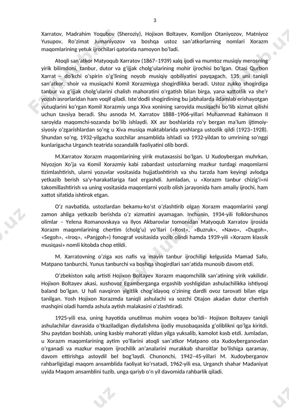 a ijro etishlari bilan bog‘liq baholanadi. bu borada h.a.rasulov ijrochiligida muayyan maqom yo‘liga yangi avjlar bog‘lashga yoki bir ashulani har xil avjlar bilan aytishga moyillik kuchli bo‘lganligini ta’kidlash kerak. ustozsan’atkorning «bozurgoniy», «abdurahmonbegi» va «ushshoq» yo‘llariga bog‘lagan yangi avjlari aslida ijod zavqlarining cho‘qqisi yanglig‘ yuzaga kelgan edi. shuningdek, «gullar bog‘i», «bebokcha», «qurbon o‘lan», «gulyor», «nasrulloyi», «rosti panjgoh», «ushshoqi hoji», «navo», «iroq» kabi ashula va maqom yo‘llari ham turli holatlarning badiiy in’ikosi o‘laroq bir necha ko‘rinish (variant)da zohir bo‘lgan. binobarin, atoqli san’atkor ijrosidagi har bir maqom yoki ashula namunasi, eng avvalo, jonli ijodiy jarayon sifatida angalshiladi va idrok etiladi. hoji abdulaziz rasulovning bastakorlik qobiliyati ham aynan shu jarayonda yorqin namoyon bo‘lgan. bunda ikki jihatni qayd etish mumkinki, ulardan biri – maqom va ashula yo‘llariga yangi va yangi avjlar kiritib, ularning murakkab va mukammal zuhurini kashf etishda ko‘rinsa, yana biri ma’lum kuy yoki ashulaga tubdan qayta ishlov berish natijasida erishilgan yangi sifat namunalarida …