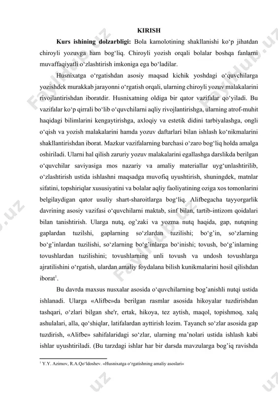 tuvchi bir harfni bir safar boshqa shaklda, ikkinchi safar yana bir shaklda yozib ko‘rsatsa, o‘quvchilar ikkilanib qoladilar va xatoga yo‘l qo‘yadilar. o‘quvchi to‘g’ri yoki noto‘g’ri yozilgan harflarni bir-biridan ajrata olishi, ulardagi asosiy kamchiliklar nimadan iborat ekanligini ko‘rsata olishi lozim. shuning uchun ham o‘quvchilarda harfning shaklini analitik ko‘rish malakasini o‘stirish talab etiladi. analitik ko‘rish malakasi faqat to‘g’ri va noto‘g’ri yozilgan harflarni solishtirish orqali o‘stirib boriladi. o‘qituvchi o‘rgatmoqchi bo‘lgan harfning shaklini va yozilish tartibini doskada ko‘rsatib bergandan so‘ng o‘quvchilarga 2-3 qator mustaqil yozishga ruxsat etishi mumkin. bu vaqt ichida o‘qituvchi sinfni aylanib, o‘quvchilarning yozuvini tekshirib chiqishi va xato yozayotgan o‘quvchilarning yozuvlaridan bittasini namuna uchun tanlab olib, doskada o‘quvchi qanday xato yozgan bo‘lsa, o‘qituvchi ham shunday shaklda yozib ko‘rsatadi[footnoteref:2]. [2: y.y. azimov, r.a.qo‘ldoshev. «husnixatga o‘rgatishning amaliy asoslari»] agar o‘quvchilar o‘z o‘rtoqlarining yo‘l qo‘ygan xatosini ko‘rsalar, shu ondayoq qo‘l ko‘tarib, uni tuzatishga harakat qiladilar. agar o‘quvchi harfni juda ham noto‘g’ri yozgan bo‘lsa, o‘quvchilar taajjublanadilar …
