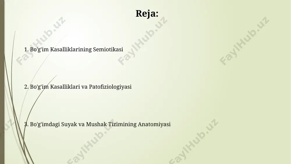 an, bu esa og‘riq, harakatlanish cheklanganligi va yallig‘lanish belgilarini keltirib chiqaradi. samarqand viloyatida o‘tkazilgan epidemiologik tekshiruv natijalariga ko‘ra, 1000 kishidan 12 tasida revmatoid artrit aniqlangan, bu kasallikning erta tashxisini qo‘yish uchun qo‘l va oyoq bo‘g‘imlarining shishishi, qizarishi va og‘rig‘i kabi semiotik belgilar muhim ahamiyatga ega. suyak va mushak tizimining umumiy tuzuilishi suyaklarning 206 tasidan ortiqrog'i inson skeleti tuzilishini hosil qiladi, ulardan 80 tasi aksiyal, 126 tasi esa apendikulyar skeletga kiradi, bu esa harakatlanish va himoya funksiyalarini ta'minlaydi. mushaklarning 600 dan ortiq turi inson tanasida uchraydi, ularning 40% dan ortig'i oyoq-qo'llarda joylashgan bo'lib, harakatni ta'minlash va tana tuzilishini saqlashda muhim rol o'ynaydi. suyak va mushak tizimining kasalliklari o‘zbekistonda 2022-yilda o‘tkazilgan tadqiqotlarga ko‘ra, 50 yoshdan oshgan aholi orasida osteoporoz kasalligi 30% ga yaqin tarqalganligini ko‘rsatdi, ayniqsa buxoro viloyatida bu ko‘rsatkich yuqori. mushak distrofiyasi kasalligi, masalan, duchenne mushak distrofiyasi, 3000-5000 boladan birida uchraydi va samarqanddagi ixtisoslashgan markazlarda davolanadi, og‘ir holatlarda harakatlanish qobiliyatini yo‘qotadi. …
