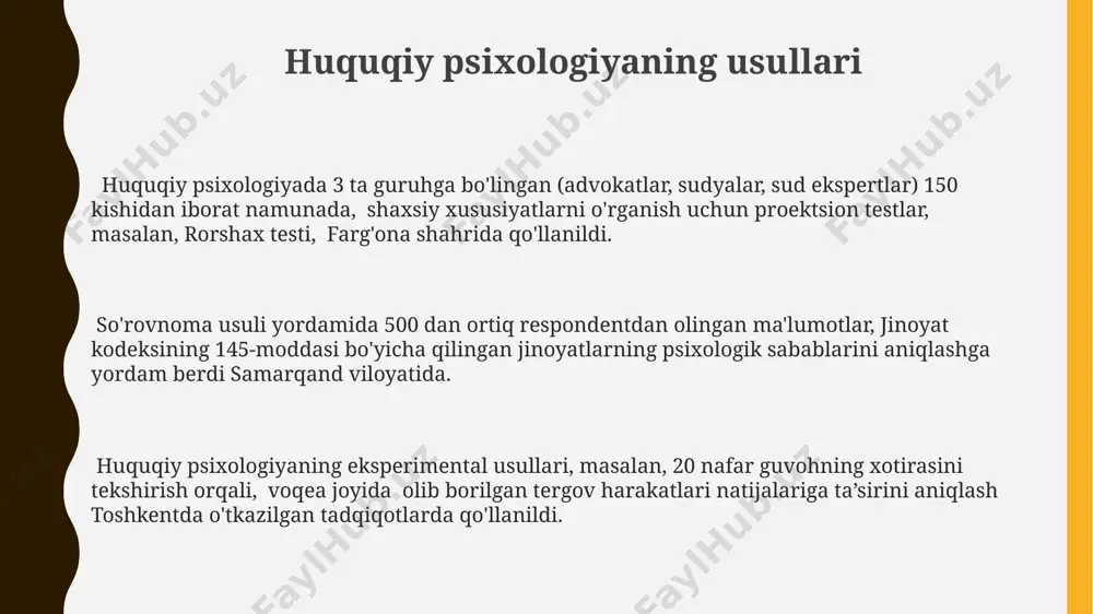 idagi sud-psixologik ekspertiza muassasalarida 10 dan ortiq mutaxassis 300 dan ziyod ishni oʻrganib, xulosalar beradi, ularning 70%i shaxsning ruhiy holatini aniqlashga qaratilgan. samarqand viloyatida oʻtkazilgan 50 ta sud-psixologik ekspertizasining tahlili koʻrsatdiki, guvoh koʻrsatmalarining ishonchliligini baholashda 25% hollarda yolgʻon aniqlangan va bu tergov jarayoniga sezilarli ta'sir koʻrsatgan. sud-psixologik ekspertizalar, oʻzbekiston respublikasi jinoyat-protsessual kodeksining 190-moddasiga asosan, 2 yildan ortiq muddatga ozodlikdan mahrum etish bilan jazolanadigan jinoyatlarda majburiy ravishda tayinlanadi. sud jarayonining psixologik xususiyatlari sud jarayonida guvohlar ko'rsatmalarining ishonchliligi 70% gacha sub'ektiv omillarga, jumladan, xotira xususiyatlari va emotsional holatlarga bog'liq bo'lib, samarqanddagi sud amaliyotlari shuni ko'rsatmoqda. toshkentdagi sud-psixologik ekspertizalar natijalari shuni ko'rsatadiki, sudlanuvchining yoshini hisobga olgan holda, hukmning oqibatlari haqidagi tushunchasi 15-20 yosh oralig'ida ancha past bo'ladi. jinoyat sodir etilgan joyning 3 o'lchovli rekonstruktsiyasi, ya'ni 5-10 metr radiusdagi hududning batafsil tasviri tergovchilar uchun 25% ga yaqin qo'shimcha dalillarni aniqlashga yordam beradi. huquqiy psixologiyaning amaliy qo'llanilishi jinoyatchilikni oldini olish dasturi doirasida, toshkent shahrida 1000 …