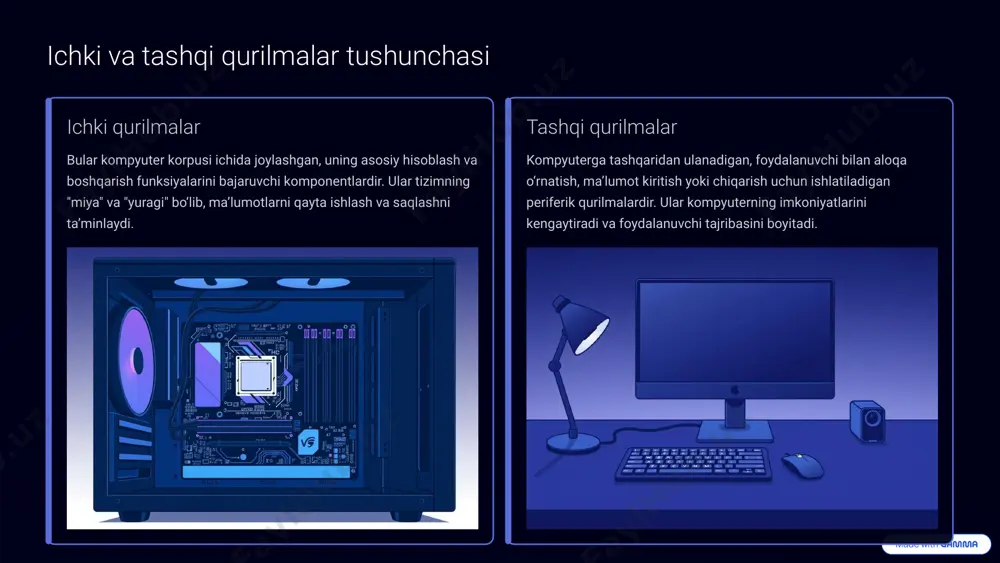 atishni qo‘llab-quvvatlaydi. parallel port (lpt) asosan eski printerlar va ba’zi boshqa periferik qurilmalarni ulash uchun ishlatilgan. parallel portlar ma’lumotlarni bir vaqtning o‘zida bir nechta simlar orqali uzatadi. ps/2 port klaviatura va sichqonchalar uchun mo‘ljallangan, rang bilan ajratilgan (yashil sichqoncha uchun, binafsha klaviatura uchun) eski port turi. hozirda usb portlar bilan almashtirilmoqda. ieee 1394 (firewire) yuqori tezlikdagi ma’lumot uzatish uchun ishlatilgan, asosan raqamli kameralar va audio/video qurilmalarni ulashda qo‘llanilgan. usb bilan raqobatda bo‘lgan. 4 kiritish-chiqarish portlari va ularning muhim vazifasi kiritish-chiqarish (i/o) portlari kompyuterning tashqi dunyo bilan aloqasini ta’minlovchi asosiy nuqtalar hisoblanadi. ular mikroprotsessorlarning buyruqlari ostida ma’lumotlarni qabul qilish va uzatishni boshqaradi. axborot almashish i/o portlari dasturiy ta’minot (operatsion tizim va ilovalar) va apparat (tashqi qurilmalar) o‘rtasida axborot almashinuvini tashkil etadi. misol: usb orqali ma’lumot uzatish siz usb port orqali flesh-diskdagi fayllarni kompyuterga ko‘chirishingiz yoki printerni ulab hujjat chop etishingiz mumkin. bu jarayon i/o portlari orqali amalga oshiriladi. 5 tarmoq portlari: …