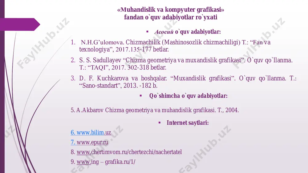 bo’sa, yulduzcha belgisi qo’yiladi. “izoh” grafasida esa barcha bichimlar, oshib borish tartibida (agar bichimlar turlicha bo’lsa) sanab o’tiladi. qo’shimcha bichim qo’llanilganda ham shunday qilinadi. chizmasi berilmagan detallar uchun “chizmasiz” deb yoziladi. “zona–grafasida buyumning tashkiliy qismi vaziyat raqami joylashgan zona (chizma maydoni zonalarga ajratilganda) belgisi ko’rsatiladi. “vaziyat”–grafasida buyumning tashkiliy qismi vaziyat raqami spetsifikasiyda yozilish tartibi bo’yicha ko’rsatiladi. “hujjat” bo’limi uchun bu grafa to’ldirilmaydi. “hujjat” bo’limining “nomi”- grafasida yoziladigan hujjatlarning nomi ko’rsatiladi. “yig’ma birliklar” va “detallar” bo’limlarida esa asosiy konstruktorlik hujjatlarining nomi ko’rsatiladi. “standart buyumlar” va “materiallar” bo’limlarida nomi va belgilanishi standartlarga muv`ofiq yoziladi. “soni” grafasida buyum soni yoziladi. 1-jadval spetsifikatsiya grafasini chizish tartibi 1-jadval buyumlarning yig’ish chizmalarini tuzish yig’ish chizmalari, odatda, yangi buyumlarni loyihalashda va mavjud buyumlarning o'ziga qarab tuziladi. buyumning o'ziga qarab uning yig’ish chizmalarini quyidagi tartibda tuzish tavsiya etiladi: 1. buyum diqqat bilan ko'zdan kechiriladi, uning vazifasi, ishlash printsipi va konstruktiv xususiyatlari aniqlanadi. 2. buyum yig’ma birliklar va detallarga …