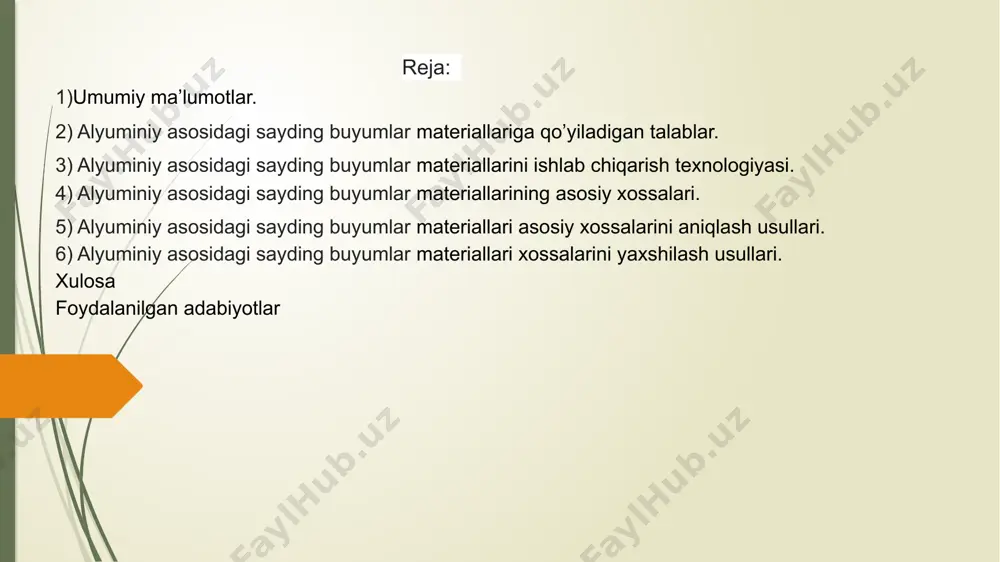 , bu esa uni har qanday qurilish loyihasida ishlatish imkonini beradi. bundan tashqari, maxsus bo‘yoq va himoya qatlamlari tufayli sayding uzoq yillar davomida o‘zining dastlabki ko‘rinishini saqlab qoladi.mazkur texnologiyaning kelajakda yanada rivojlanishi va yangi innovatsion usullar bilan boyitilishi kutilmoqda. qurilish sohasida samarali, estetik jozibador va ekologik toza materiallar talabining ortib borayotganini hisobga olsak, alyuminiy asosidagi sayding buyumlari zamonaviy me’morchilikning ajralmas qismiga aylanishi mumkin.shu sababli, ushbu materialning ishlab chiqarish texnologiyasi, texnik xususiyatlari va qo‘llanilish sohalarini chuqur o‘rganish uning qurilish sanoatidagi o‘rnini to‘liq anglashga yordam beradi. 4 alyuminiy asosidagi sayding buyumlar materiallariga qo’yiladigan talablar alyuminiy asosidagi sayding materiallari qurilish va arxitektura sohasida keng qo‘llaniladi. ularning sifati, chidamliligi va estetik jozibadorligi uzoq muddat xizmat qilish va bino tashqi qoplamalarining himoya vazifasini to‘liq bajarishi uchun muhimdir. mexanik mustahkamlik va bardoshlilik ,qalinlik: 0,5 – 1,2 mm (tashqi ta’sirlarga qarab o‘zgaradi), egilish mustahkamligi: 150 – 300 mpa, siqilish va cho‘zilish mustahkamligi: 70 – 200 mpa ,shamol …