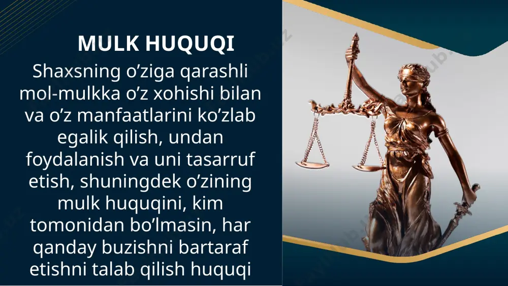 inishi dastlabki va hosila asoslariga bo‘linadi birinchidan, tabiiy ne’matlarni o‘zlashtirish ikkinchidan, ishlab chiqarish va tadbirkorlik faoliyatini amalga oshirish natijasida yangi ashyolarni vujudga keltirish uchinchidan, egasiz mulkning sud qarori bilan davlat ixtiyoriga olinishi to’rtinchidan, egasi bo’lmaga mulkka yoki egasi bo’lsa ham xo’jaliksiz bilan saqlanayotgan mulkka, egalari tomonidan belgilangan muddatlarda talab qilib olinmagan mulklar va ashyo, xazinalar topilishi dastlabki asosda vujudga kelishi mulkdor bo’lmagan, lekin ko’chmas mol-mulkka 15 yil, mol-,ulkka 5 yil davomida o’ziniki kabi halol, oshkora, uzluksiz egalik qilgan shaxs ushbu mol-,ulkka nisbatan mulk huquqini oladi. 6 oy mobaynida topilmaning egasi aniqlanmasa, ashyoni topib olgan shaxs unga egaik huquqini qo’lga kiritadi. (bu huquqdan voz kechsa topilma davlat mulkiga o’tadi) mulk huquqining vujudga kelishida muddat tarixiy ashyolarga kiradigan xazina topgan shaxs xazina qiymatining 50 foizi miqdorida mukofot olishga haqli. mulkka nisbatan egalik huquqini keltiruvchi hosila usuli bu muayyan shaxs tomonidan mulk huquqining olinishi dastlabki mulk egasining huquqiga bog’liq bo’lgan usul. binobarin ushbu …