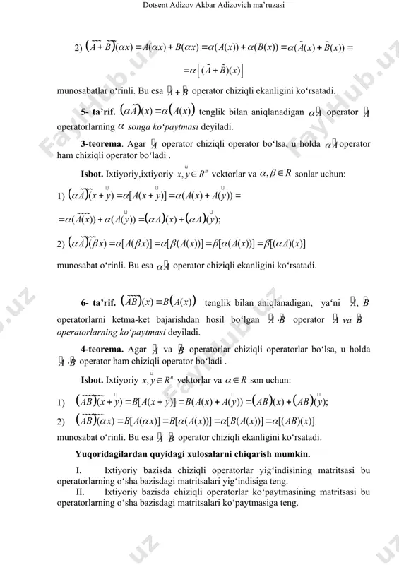 a operatorning matritsasini toping. 12- misol. operatorni chiziqlilikka tekshiring. yechish. operatorni chiziqlilikka tekshirish uchun hamda tengliklarni bajarilishini tekshirish kifoya. embed equation.dsmt4 13- misol. chizqli operator matritsa bilan berilgan. chiziqli operatorning xos qiymatlari va xos vektorlarini toping. yechish. xarakteristik tenglama tuzamiz: xos qiymatga mos xos vektorni topamiz. buning uchun quyidagi tenglamani yechamiz: agar deb olsak, boʻladi. demak vector operatorning xos qiymatiga mos xos vector boʻladi. xuddi shunga oʻxshab xos qiymatga mos xos vektorlarni aniqlash mumkin. 9- ta’rif. xos vektorlari bazis tashkil qiluvchi operatorga sodda operator deyiladi. 7-teorema. agar sodda operator bo‘lsa, u holda bu operatorning matritsasi dioganal ko‘rinishda bo‘lib: bo‘ladi, bu yerda lar operatorning xos sonlari. va aksincha, agar operatorning matritsasi qandaydir bazisda dioganal ko‘rinishda bo‘lsa, u holda bu bazisning barcha vektorlari operatorning xos vektorlari bo‘ladi. oʻz-oʻzini tekshirish uchun savollar 1. ln fazoda bir bazisdan ikkinchi bazisga oʻtish matritsasi qanday tuziladi? 2. chiziqli fazoning chiziqli almashtirishi yoki operatori deb nimaga aytiladi? …