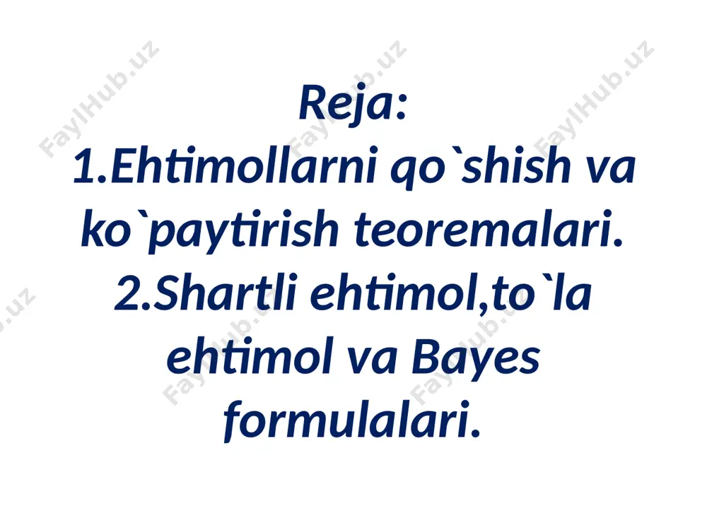 d)=1-(p(a)+p(b)+p(c))=1-(0,3+0,4+0,1)=0,2 agar a+b=u va ab=v bo`lsa, u holda a va b hodisalarni o`zaro qarama-qarshi hodisalar deyiladi. 3-teorema.qarama-qarshi hodisalarning ehtimollari yig`indisi birga teng,ya`ni p(a)+p(a*)=1, p(a+a*)=p(u)=1, p(a+a*)=p(a)+p(a*),p(a)=1-p(a*). 3-misol. 8 ta oq va 4 ta rangli shar solingan qutidan tavakkaliga 5 ta shar olinadi.olingan sharlar orasida hech bo`lmaganda bitta rangli shar bo`lishi ehtimolini toping. yechish. a-olingan sharlar orasida hech bo`lmaganda bitta rangli shar bo`lishi hodisasi bo`lsin. u holda -olingan sharlar orasida rangli shar bo`lmasligi hodisasi bo`ladi. p() ni topamiz. 12 ta sharlar orasidan 5 ta sharni n= usul bilan olish umkin.8 ta oq shardan 5 ta sharni m= usul bilan olish mumkin.u ho p()===== bundan p(a)=1- p() =1- = ehtimollarni ko`paytirish teoremalari.bog`liq va erkli hodisalar. agar ikkita hodisadan birining ro`y berishi ikkinchisining ro`y berish yoki ro`y bermasligiga bog`liq bo`lmasa,bu hodisalar erkli hodisalar deyiladi. agar ikki hodisadan birining ro`y berish ikkinchi hodisaning ro`y berish yoki ro`y bermasligiga bog`liq bo`lsa,bu hodisalar bog`liq deyiladi. aytaylik a …