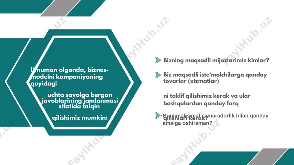 ish lozimligini tushuntirib beruvchi qisqacha izohdir...‖biznes-model ―oltita asosiy tashqil etuvchini o‗z ichiga oladi: qiymat, iste‘molchilar tavsifi, ichki jarayonlar (kompetensiyalar), tashqi muhitda o‗rin egallash, iqtisodiy model va shaxsiy (investitsion) omillar‖ biznes-model ―birgalikda qiymat yaratuvchi va uni ta‘min etuvchi o‗zaro bog‗liq bo‗lgan to‗rtta tashqil etuvchidan tarkib topadi‖. bu tashqil etuvchilar quyidagilardan iborat: iste‘molchilar taklif qilingan qiymat, foyda olish formulasi, asosiy resurslar, asosiy jarayonlar johnson et.al., 2008 casadesusmasanell&ric hard, 2010 ―biznes-model – bu firma tomonidan amalga oshiriluvchi strategiya‘ning amalda aks etishi..firmaning o‗z steyk-xolderlari (biznesga ta‘sir ko‗rsatuvchi yoki ta‘sir ko‗rsata olish layoqatiga ega bo‗lgan tashqilot yoki shaxslar) uchun qiymat yaratish bo‗yicha operatsiyalarni amalga oshirish usul va vositalari va shu bilan bir qatorda firma faoliyatining mantig‗i hamdir‖ teece,2010 ―biznes-model – kompaniyaning iste‘molchilar uchun yaratayotgan qiymatining hayotiy daromad va xarajatlari tarkibini va hamda iste‘molchi uchun taklif qilinayotgan qiymat darajasining yuqori bo‗lishini ta‘min etuvchi jarayonlarning mantig‗ini aniqlashtirib beradi‖ uch bosqichdan iborat bo‗lgan ketma-ketlikni quyidagicha tasvirlashimiz mumkin. real …