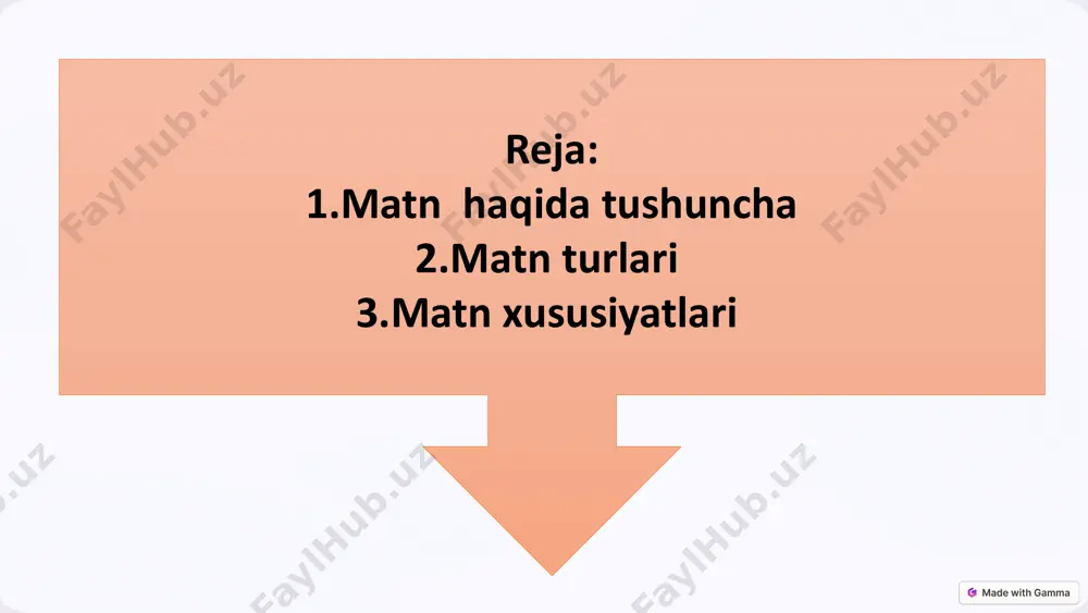 t va ifoda vositalari xarakterli. 2 maqsad va vazifalar matnlar ma'lum bir maqsad va vazifalarni bajarish uchun yaratiladi. 3 tuzilishi matn turlariga ko'ra matn tuzilishi va xarakterlari farqlanadi. 9 matn turlaridan samarali foydalanish matn turi qo'llanish sohalari samarali foydalanish usullari adabiy matnlar badiiy, madaniy va ma'naviy rivojlanish adabiy asarlarni o'qish, tahlil qilish va muhokama qilish ilmiy matnlar tadqiqot, o'qitish va bilimlarni chuqurlashtirish ilmiy maqolalarni o'rganish, tahlil qilish va yozish publitsistik matnlar jamiyatdagi dolzarb muammolarga e'tibor qaratish publitsistik maqolalar yozish, tahlil qilish va muhokama qilish rasmiy-huquqiy matnlar qonuniy-huquqiy munosabatlarni tartibga solish rasmiy hujjatlarni to'g'ri tuzish va qo'llash 10 image1.png image2.png image3.png image4.jpeg image5.png image6.png image7.png image8.png image9.png image10.png image11.png image12.png image13.png image14.png image15.png image16.png image17.jpeg